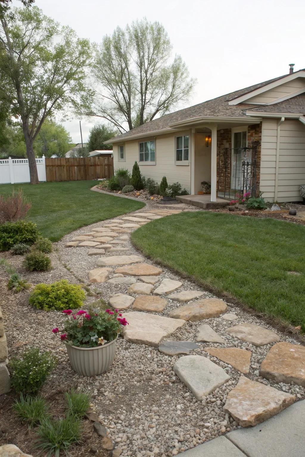 A stone-covered landscape offering an elegant and low-upkeep alternative to grass.