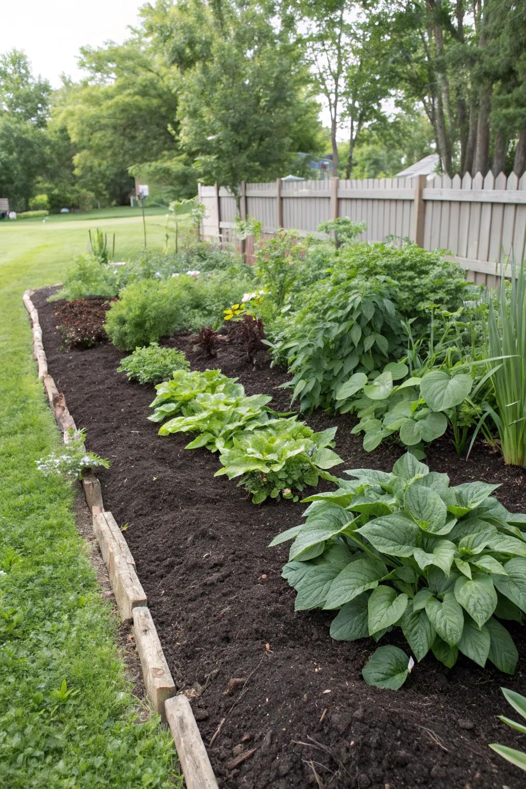 A ground cover-protected flowerbed retains moisture and stifles weeds.