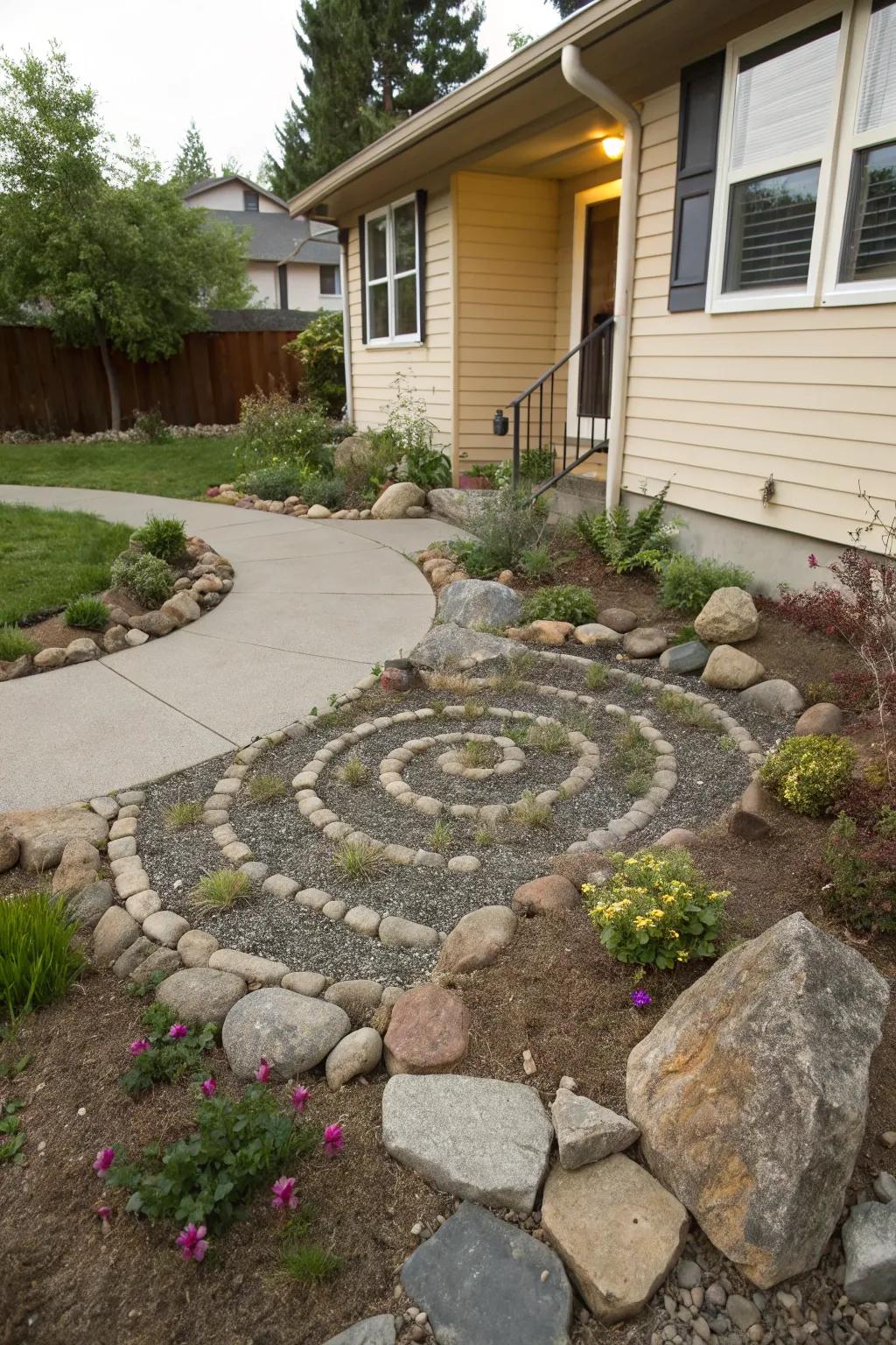 An inventive coiled stone accent within a front yard landscape.