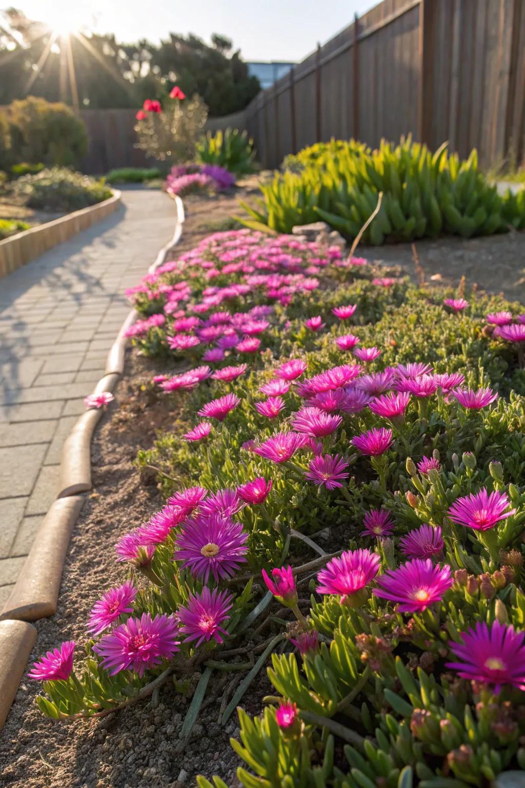 Ice Plant shimmering in the sunlight with its vivid magenta petals.