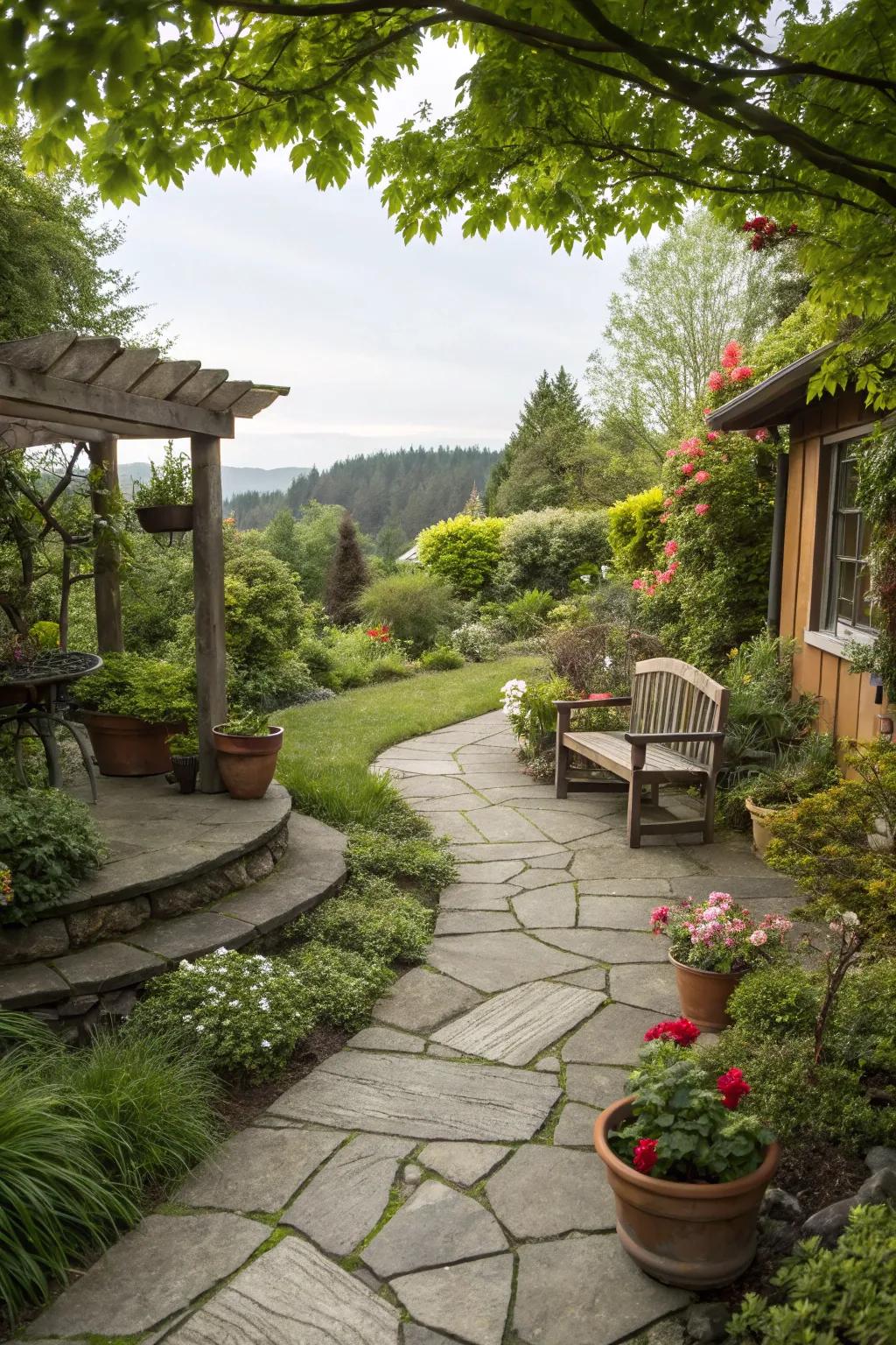 A low-maintenance stone pathway and patio within a Portland garden.