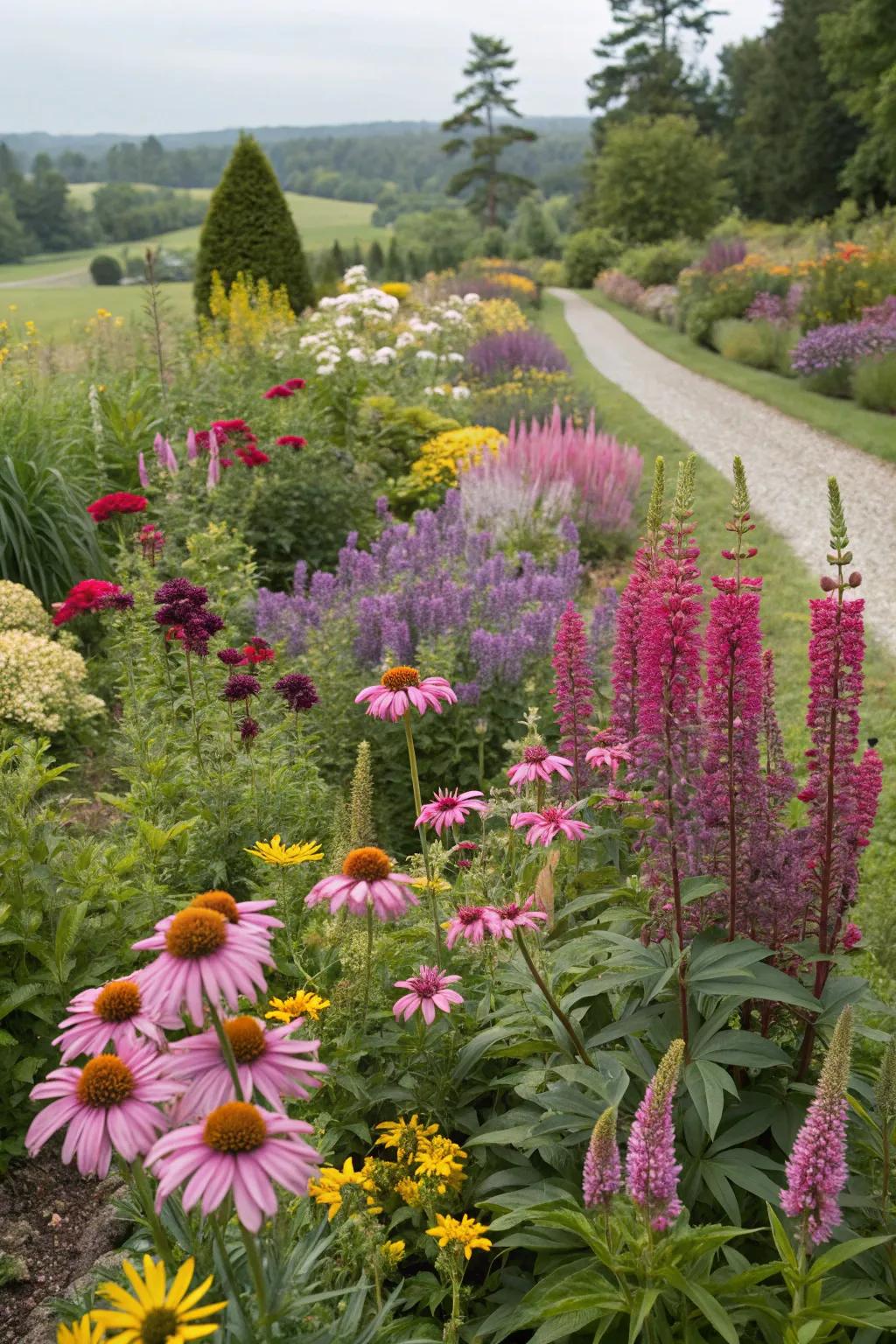 A garden brimming with mixed perennial textures and vibrant colors.