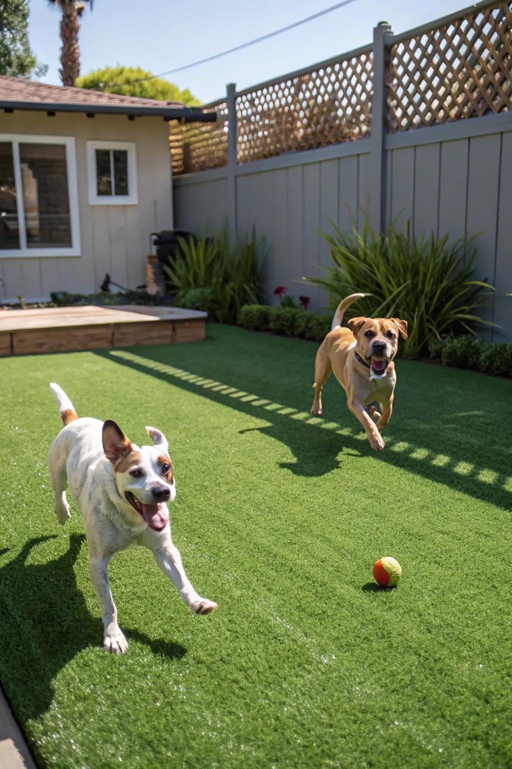 A vibrant pet haven featuring low-upkeep artificial turf.