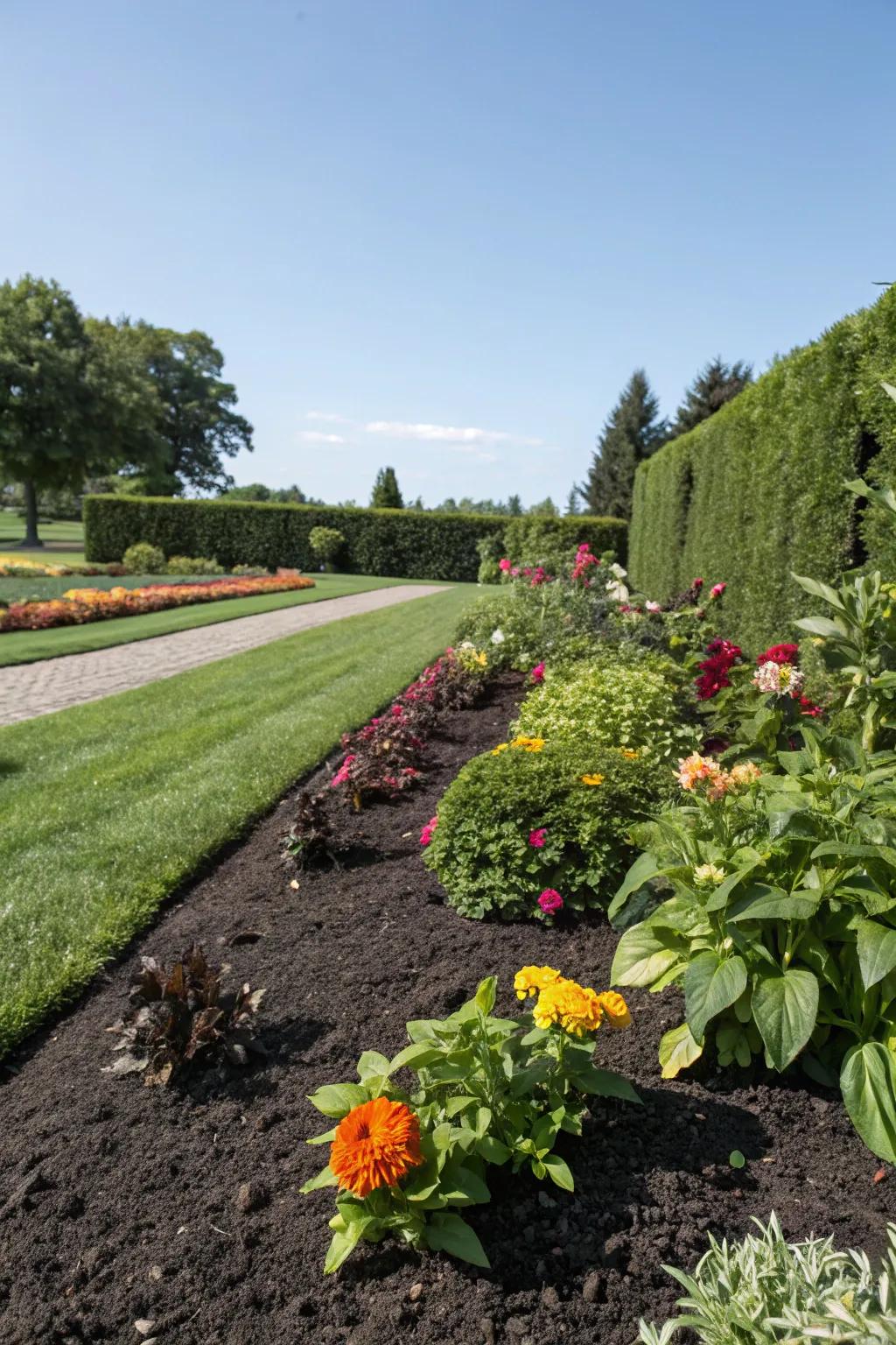 Mulched beds maintain a pristine garden appearance while lessening hydration needs.