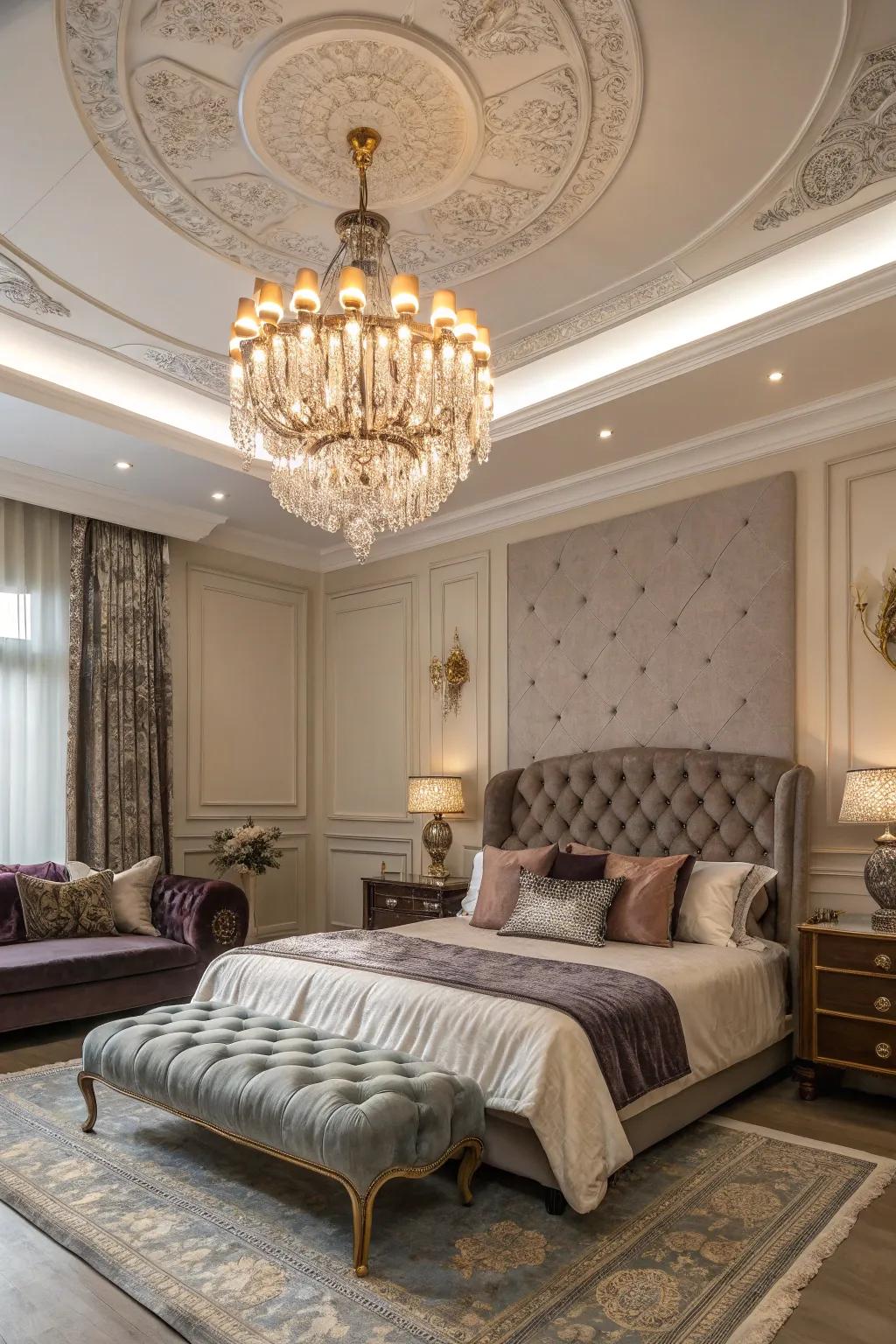 A luxurious bedroom illuminated by an elegant classic chandelier.