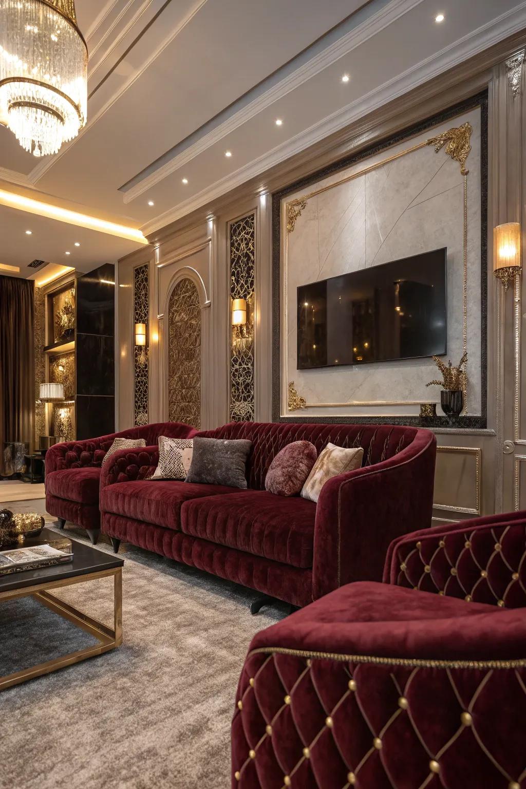 Plush velvet seating enhances both comfort and elegance in this living room.