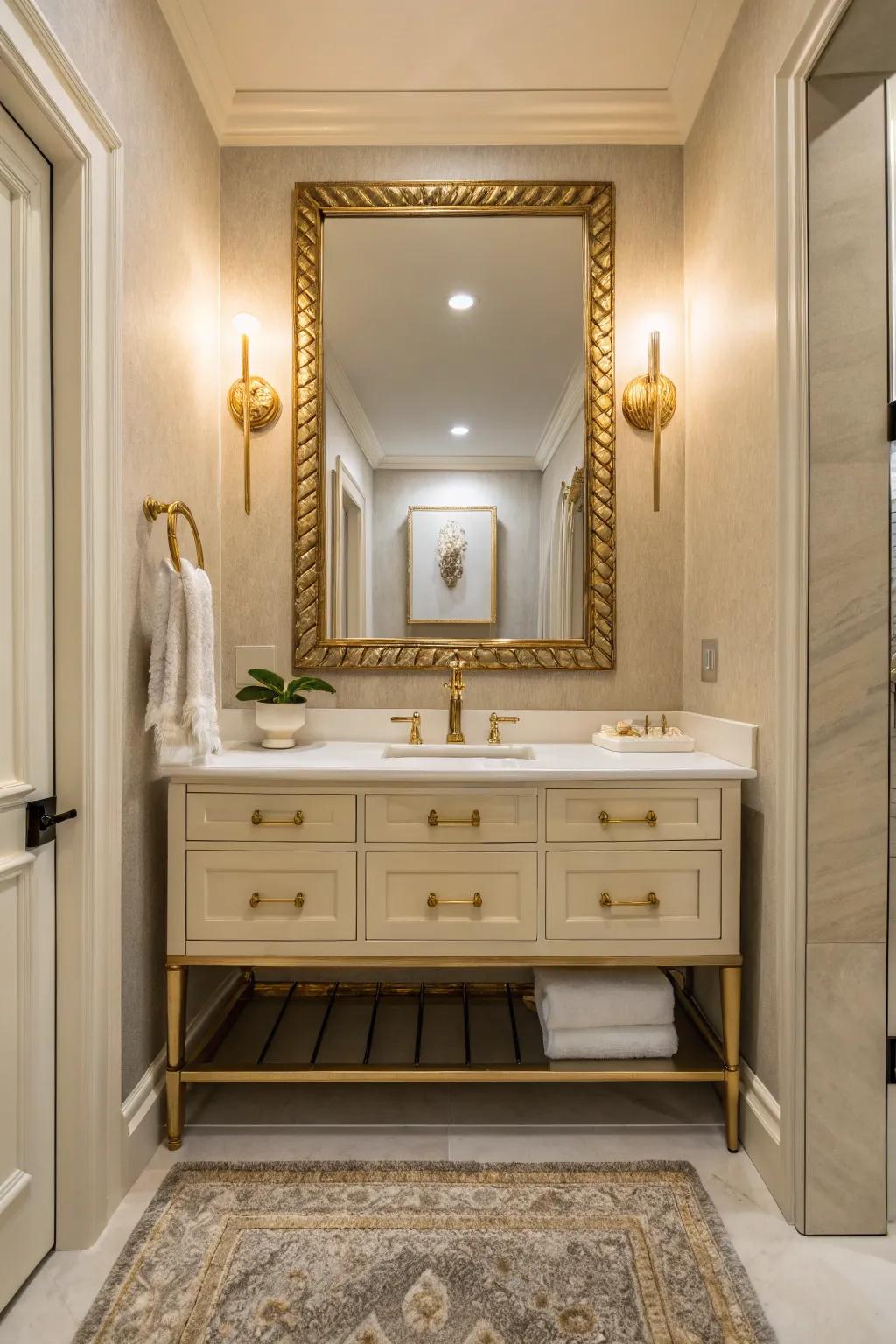 Metallic accents enhance the charm in this contemporary bathroom.