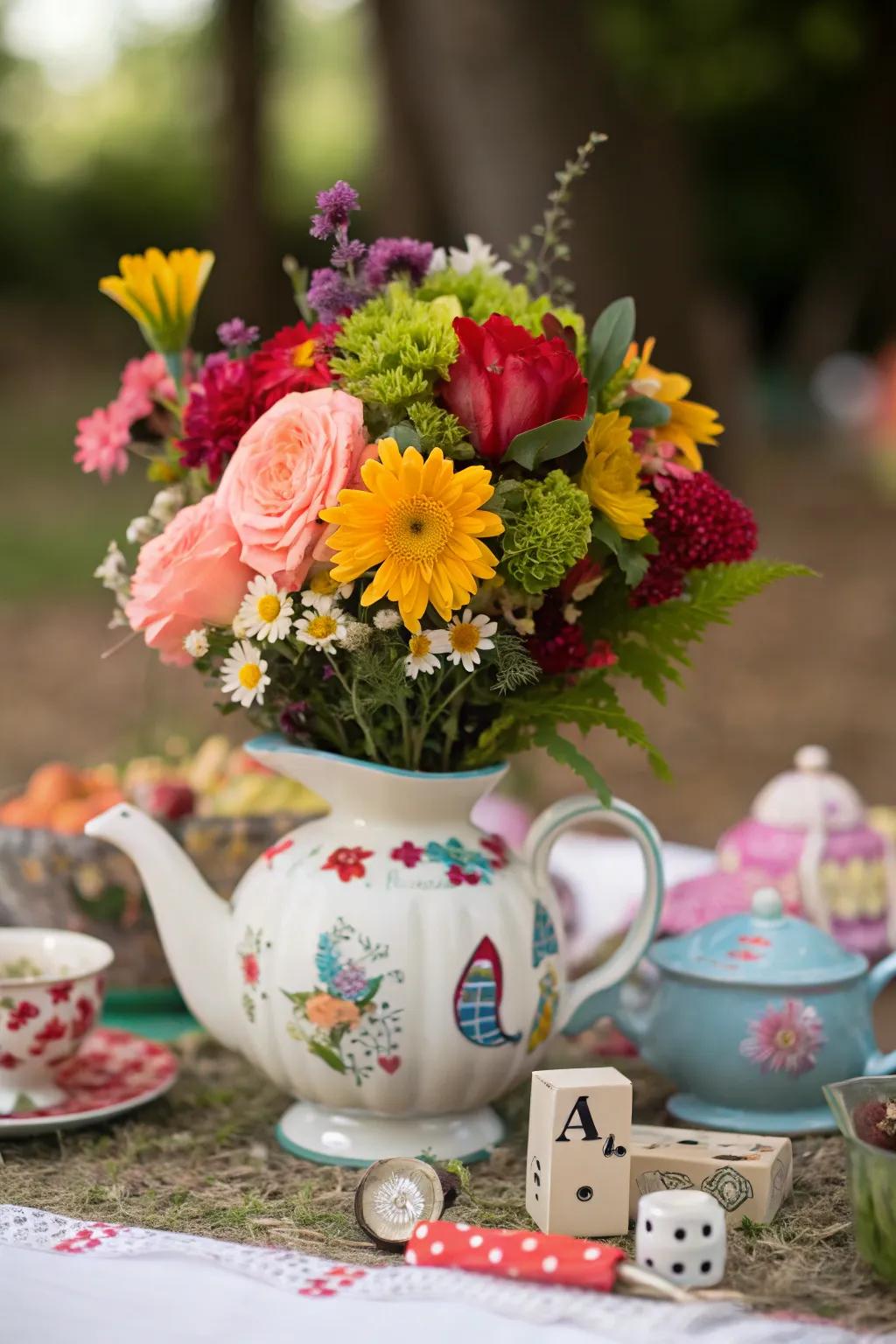 An enchanting teapot centerpiece overflowing with vibrant blooms and quirky accents.