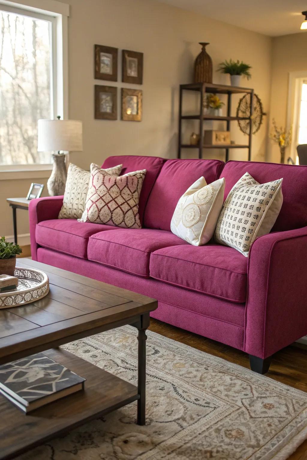 The cerise sofa stands out as a vibrant centerpiece in this elegantly styled living room.