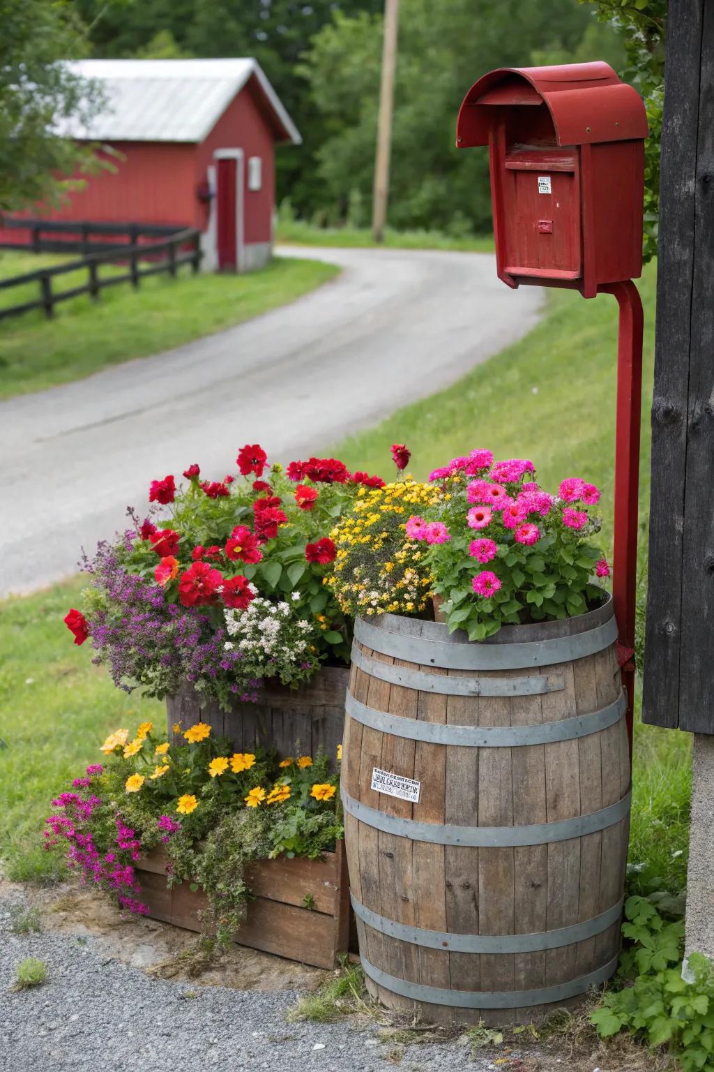 Rustic charm meets vibrant blooms in this barrel planter idea.