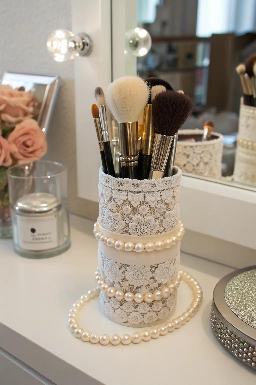 An artistic stand incorporates a personal aspect to makeup brush arrangement.