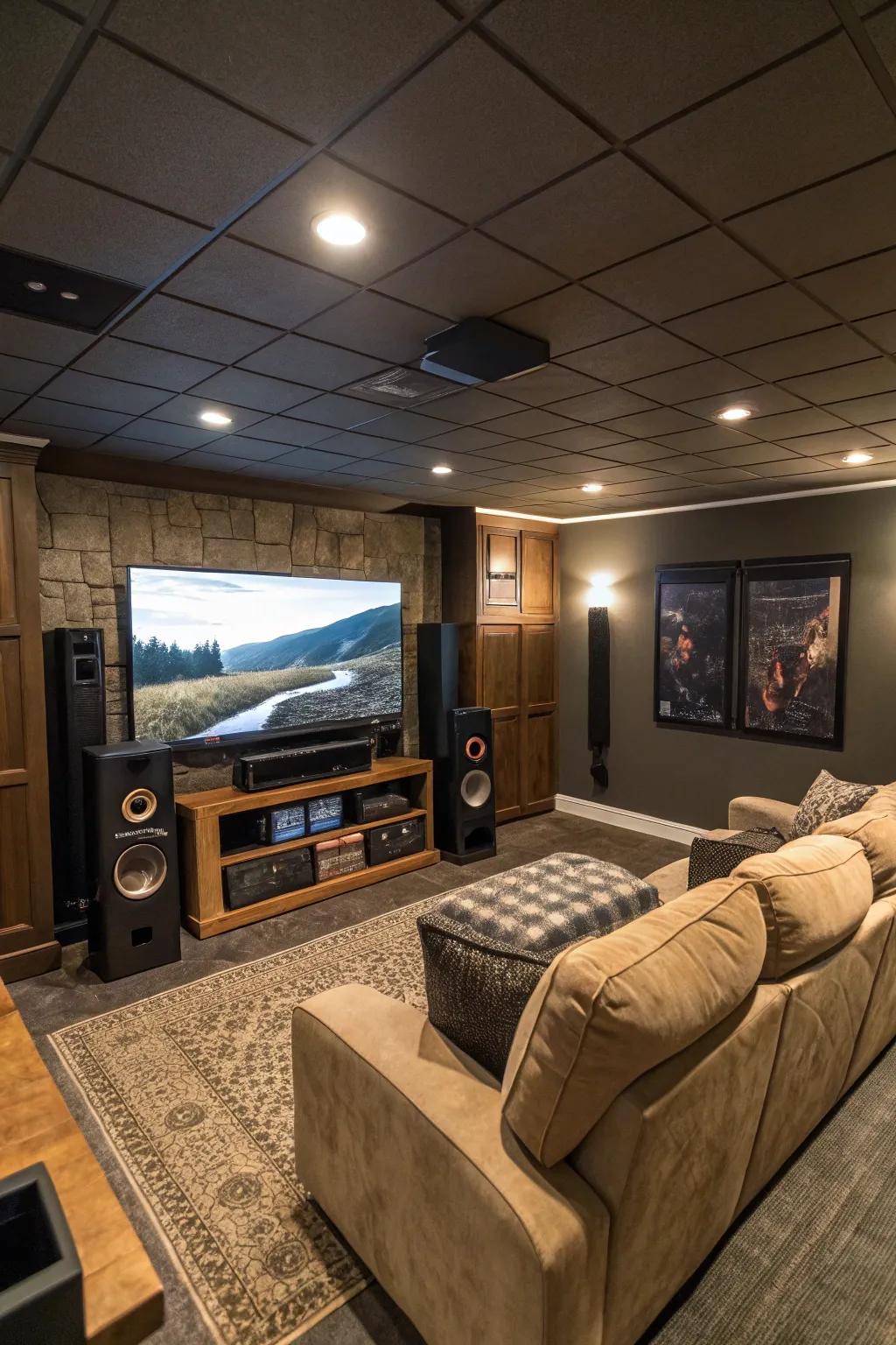 An immersive home theater setup featuring a large screen TV and surround sound speakers.