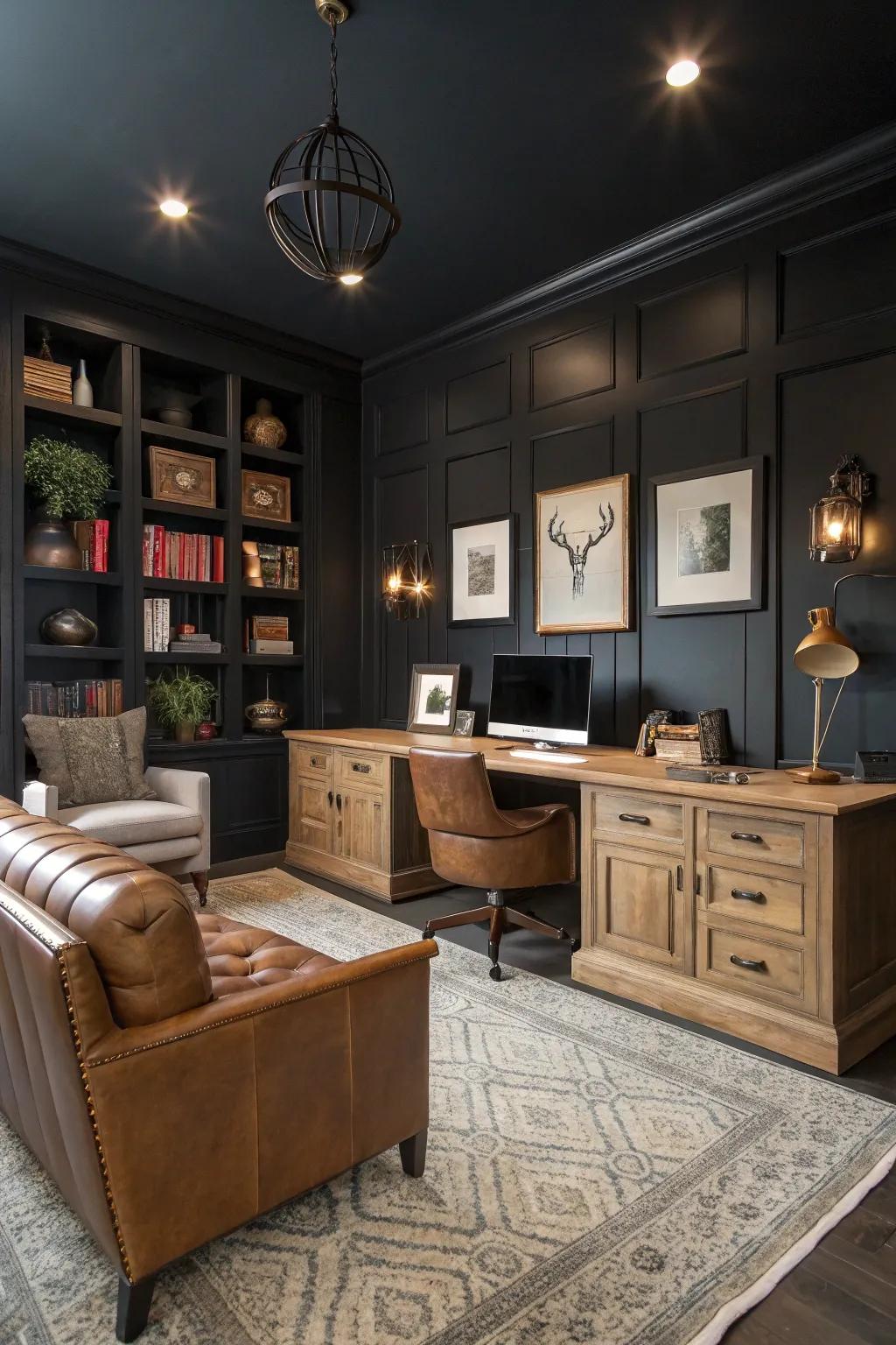 Dark walls establish a remarkable and fashionable setting.
