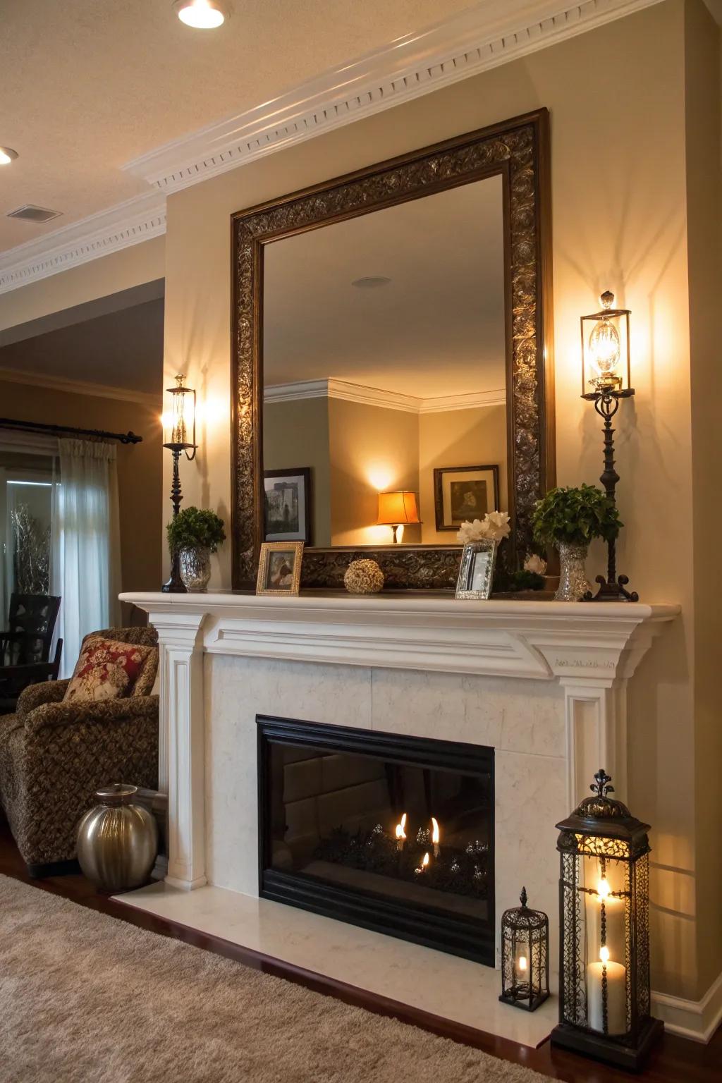 A large mirror enhances the mantel's appeal by adding depth and light.