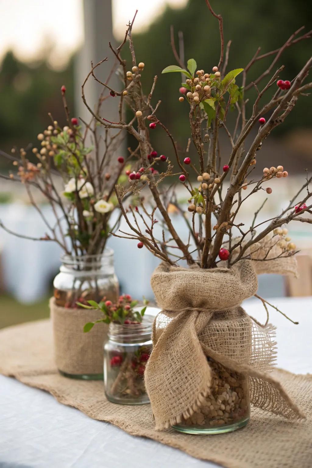 Original manzanita limbs combined with linen to fashion a simple central ornament.
