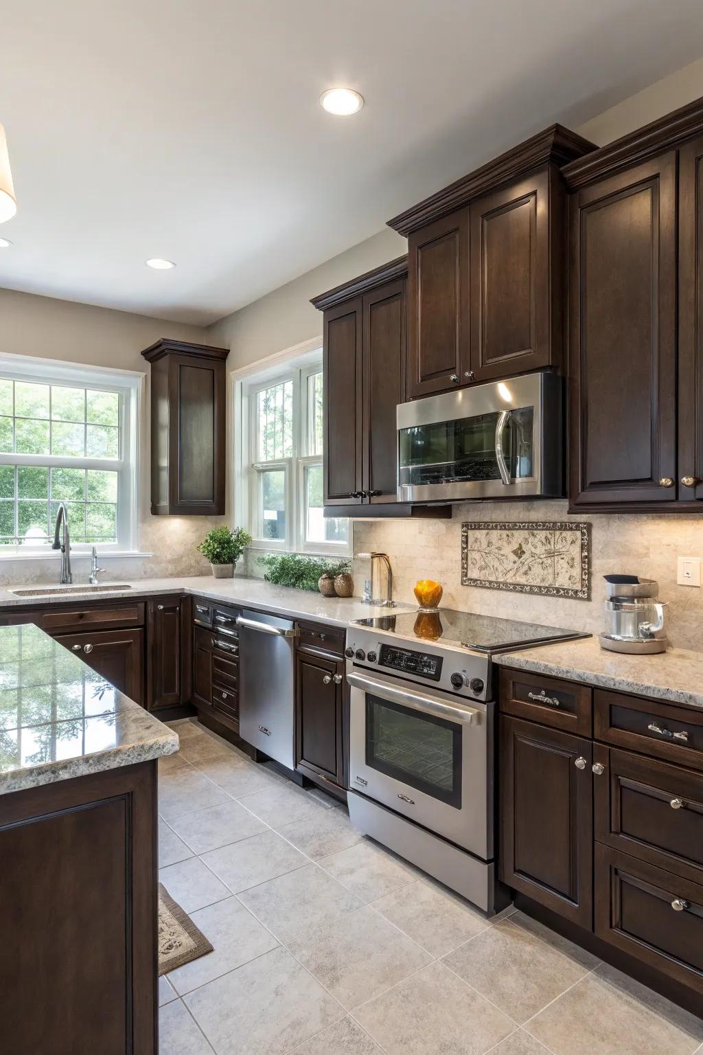 A modern culinary space showcasing heavily pigmented lightwood units for striking juxtaposition.
