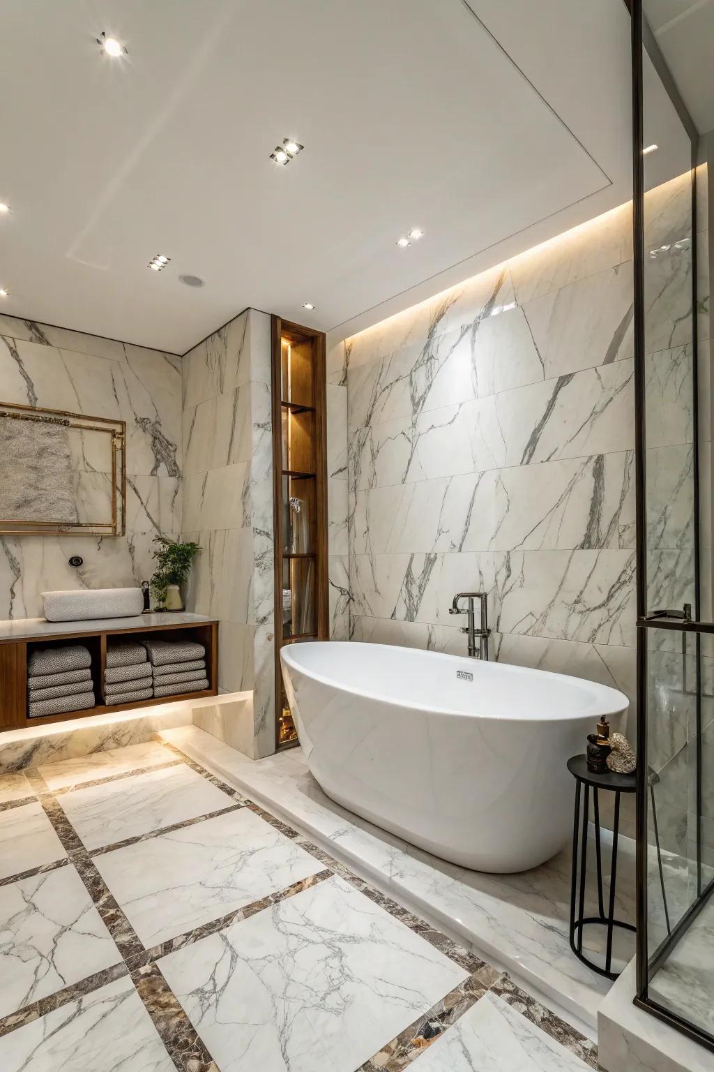 An exquisite standalone soaking tub encircled by limestone-effect porcelain tiles, crafting a luxurious center of attention.