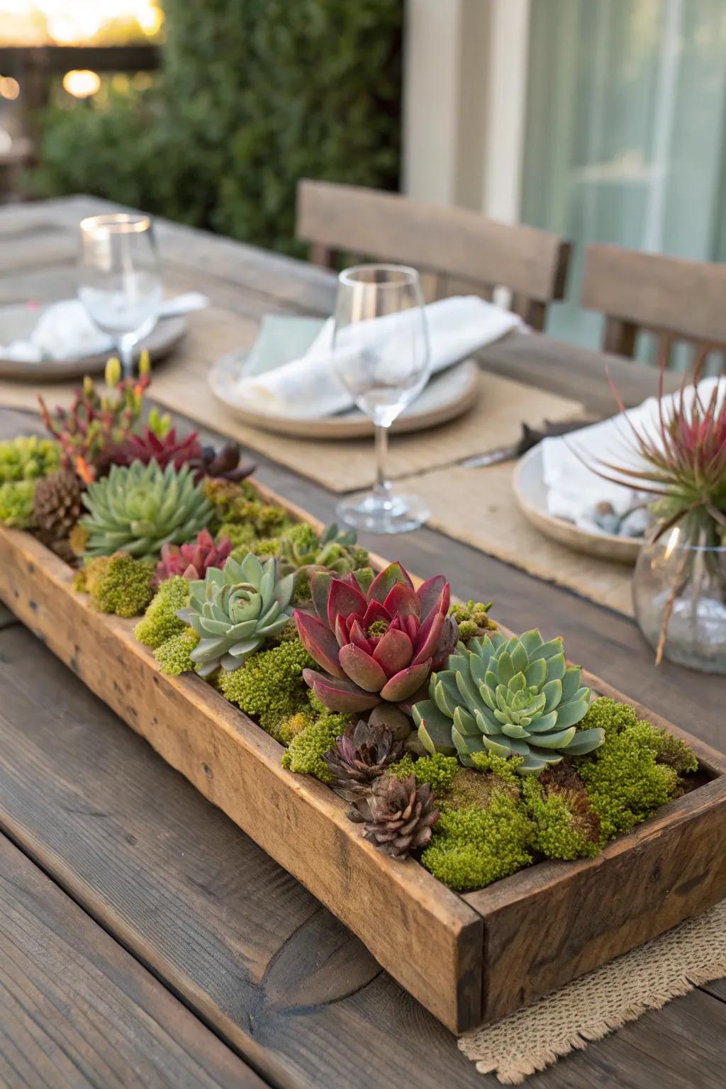 Embrace elegance with a wooden base centerpiece brimming with greenery.