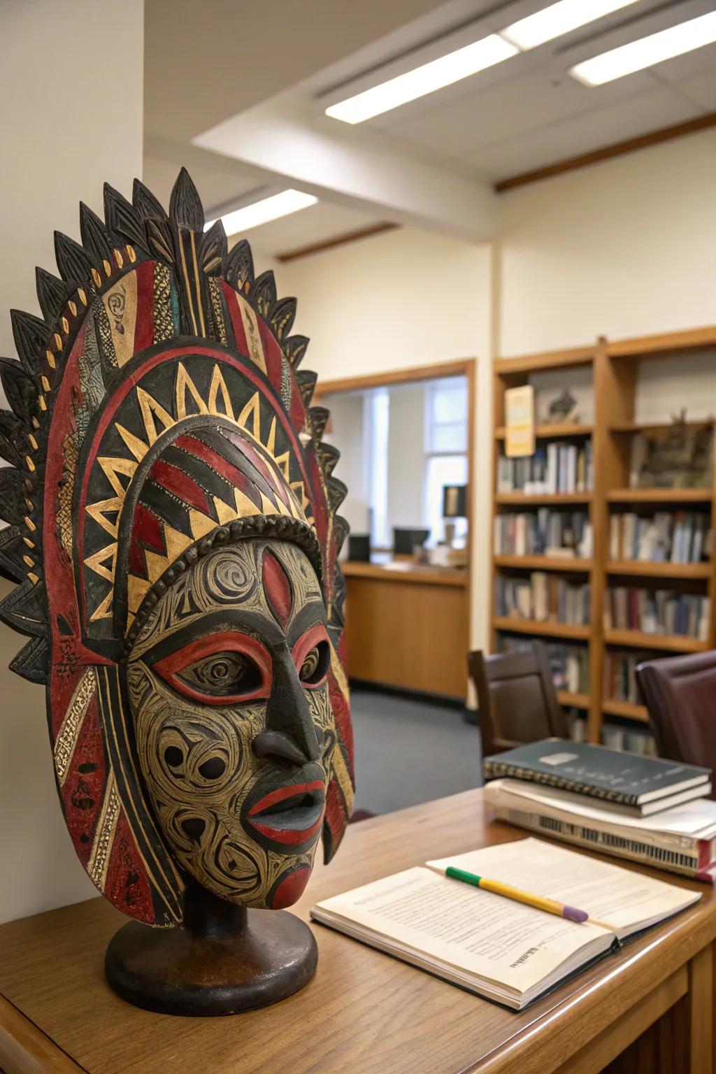 A mask sculpture echoing cultural and historical influences.
