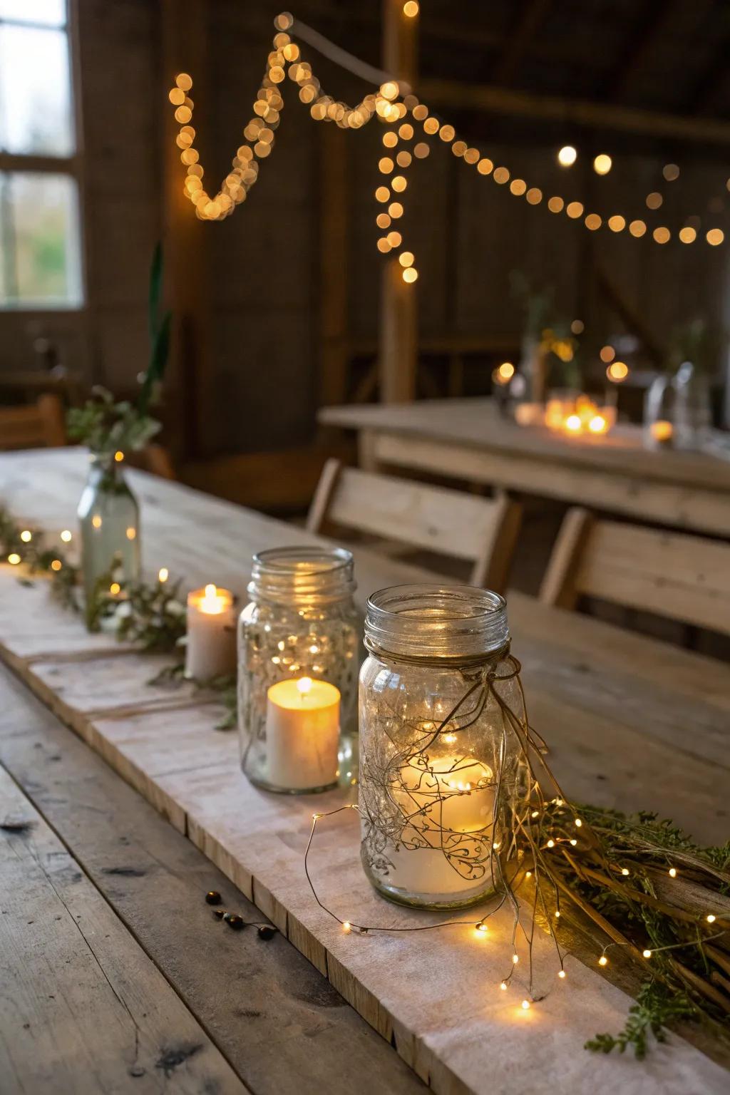 Foster a cozy vibe using glass jar candle lights.