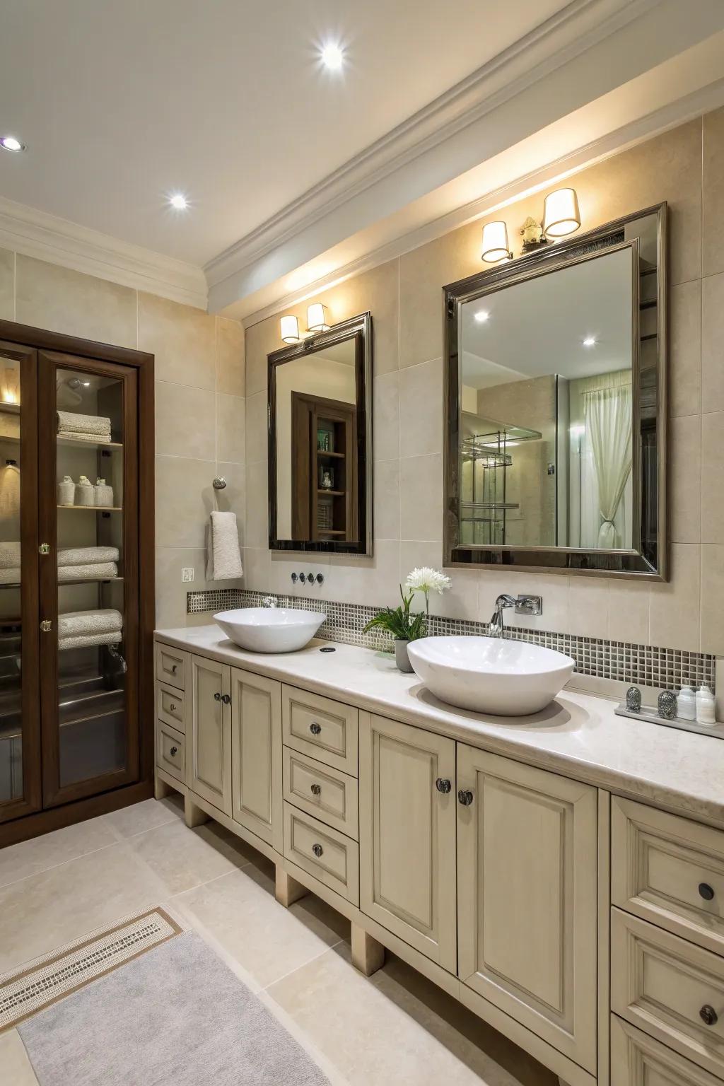 An elegant bathroom that presents twofold sinks and generous storage solutions.