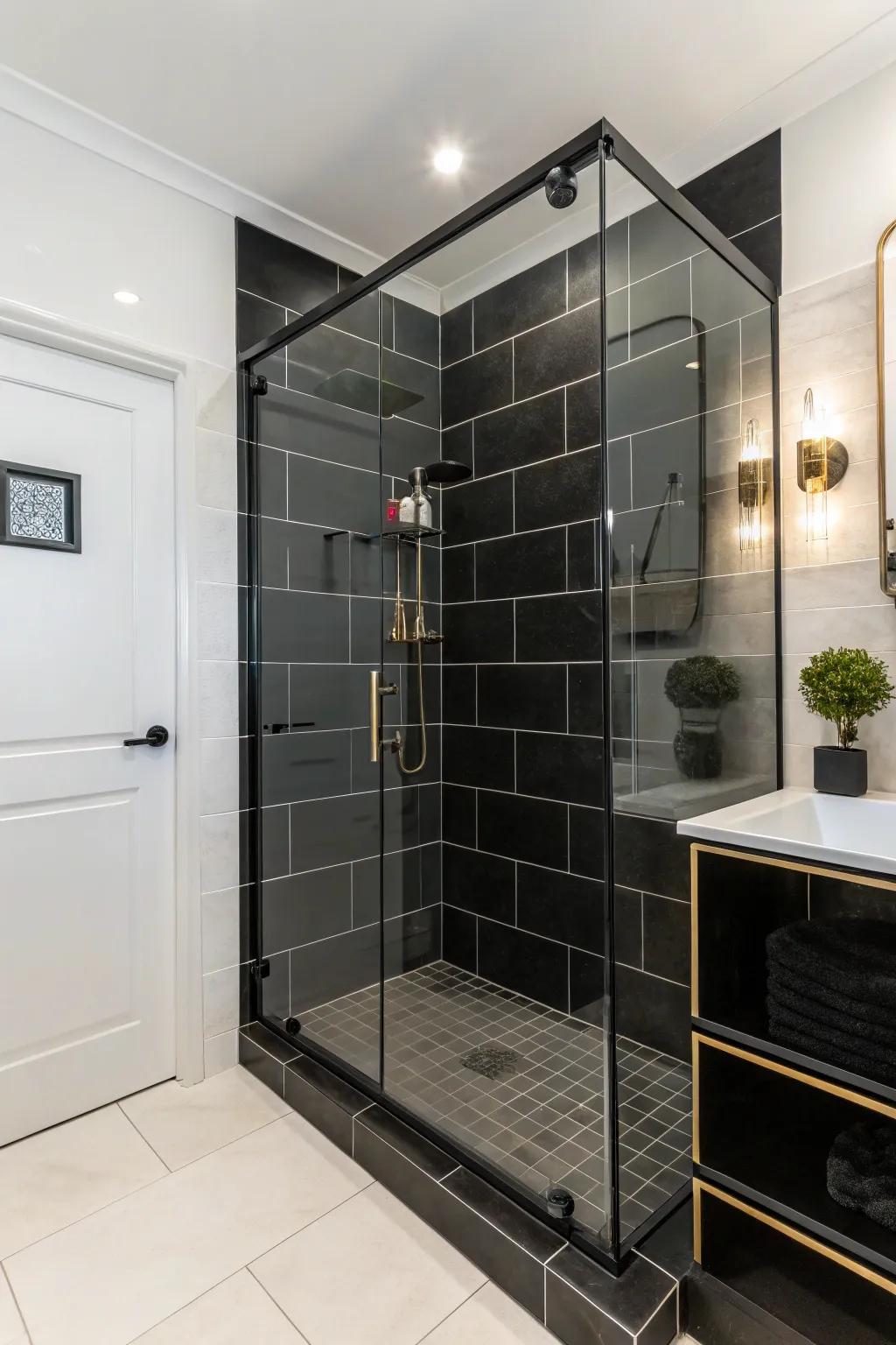 A modern shower stall exhibiting audacious onyx pavers and streamlined hardware for a remarkable effect.