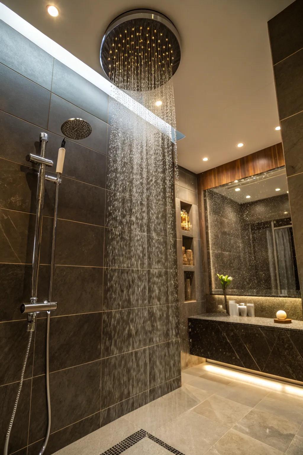 Indulge in a spa-inspired escape with a rainfall showerhead.
