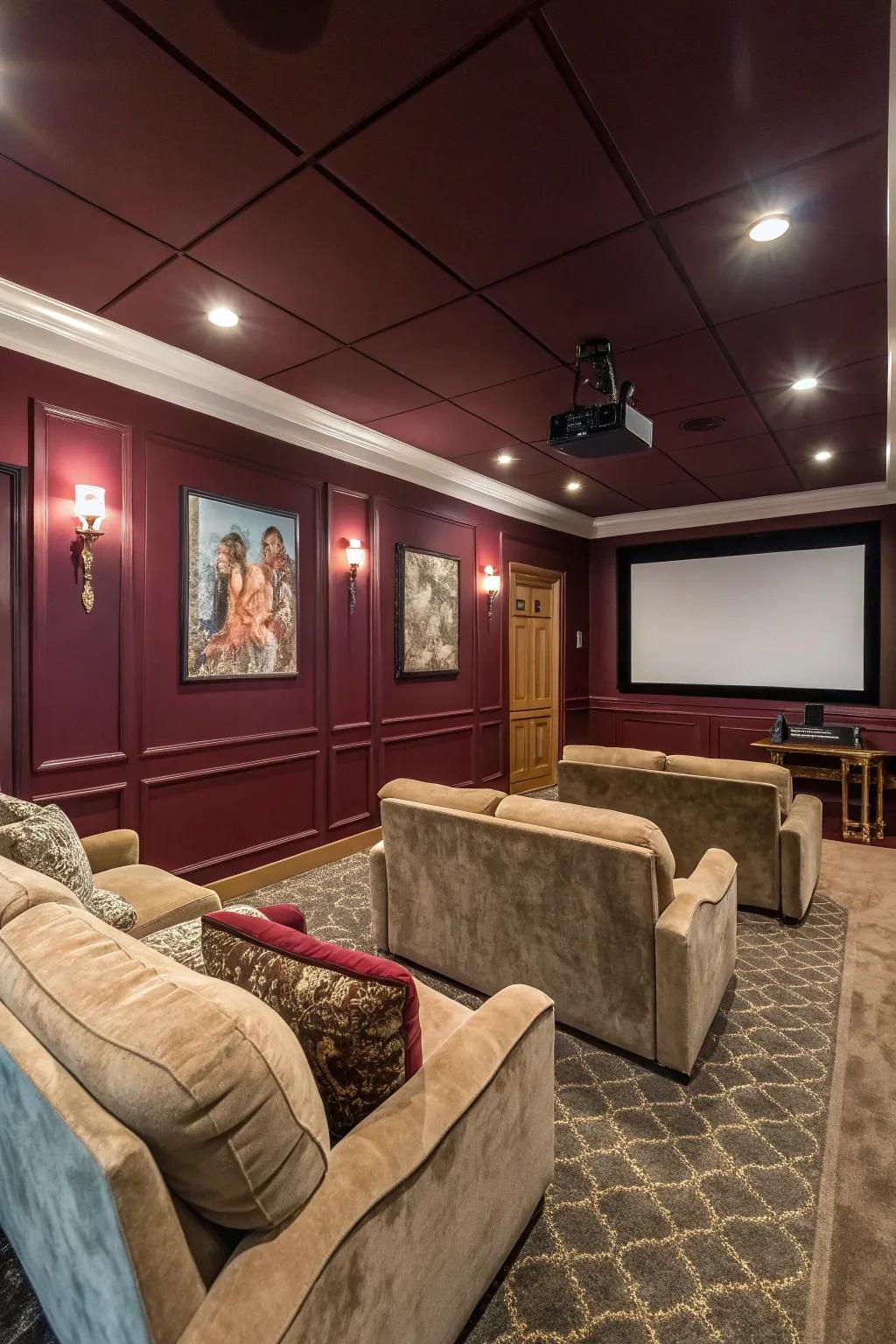 A comforting media room featuring deep red walls, calling back to the charm of vintage cinema.