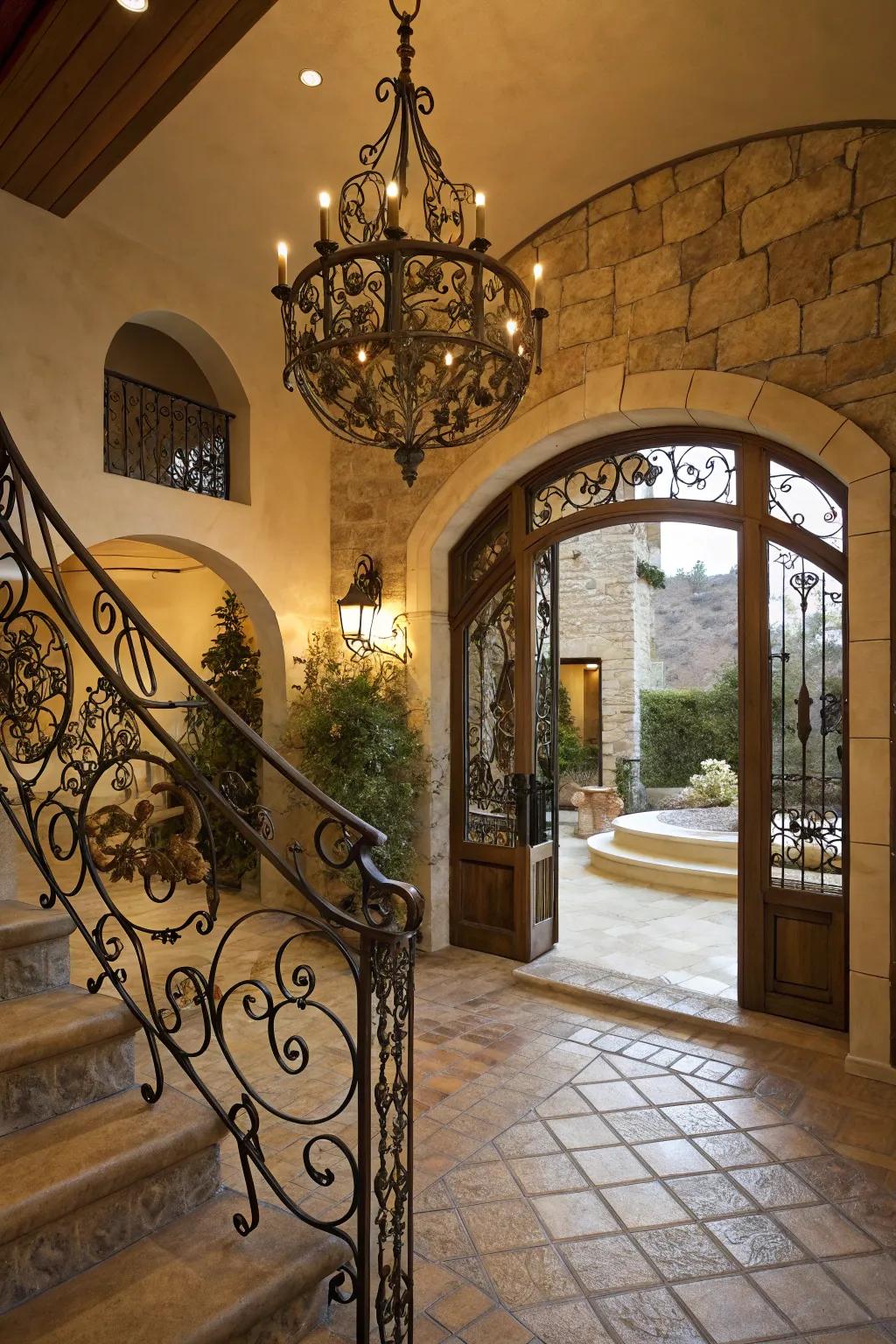 Forged iron embellishments contribute an authentic Mediterranean feel with their intricate designs.