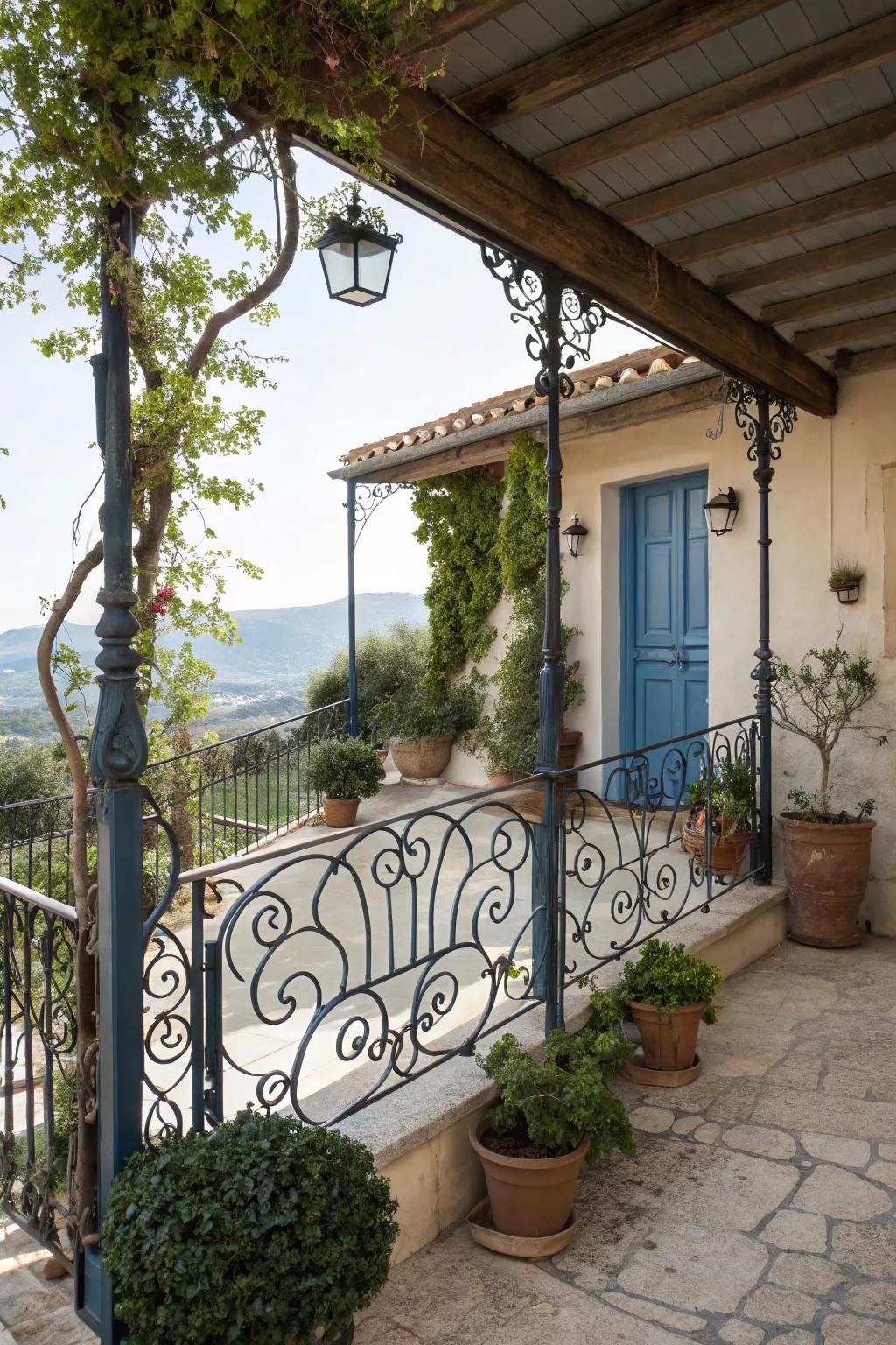 Wrought iron accents enhancing the Mediterranean theme.