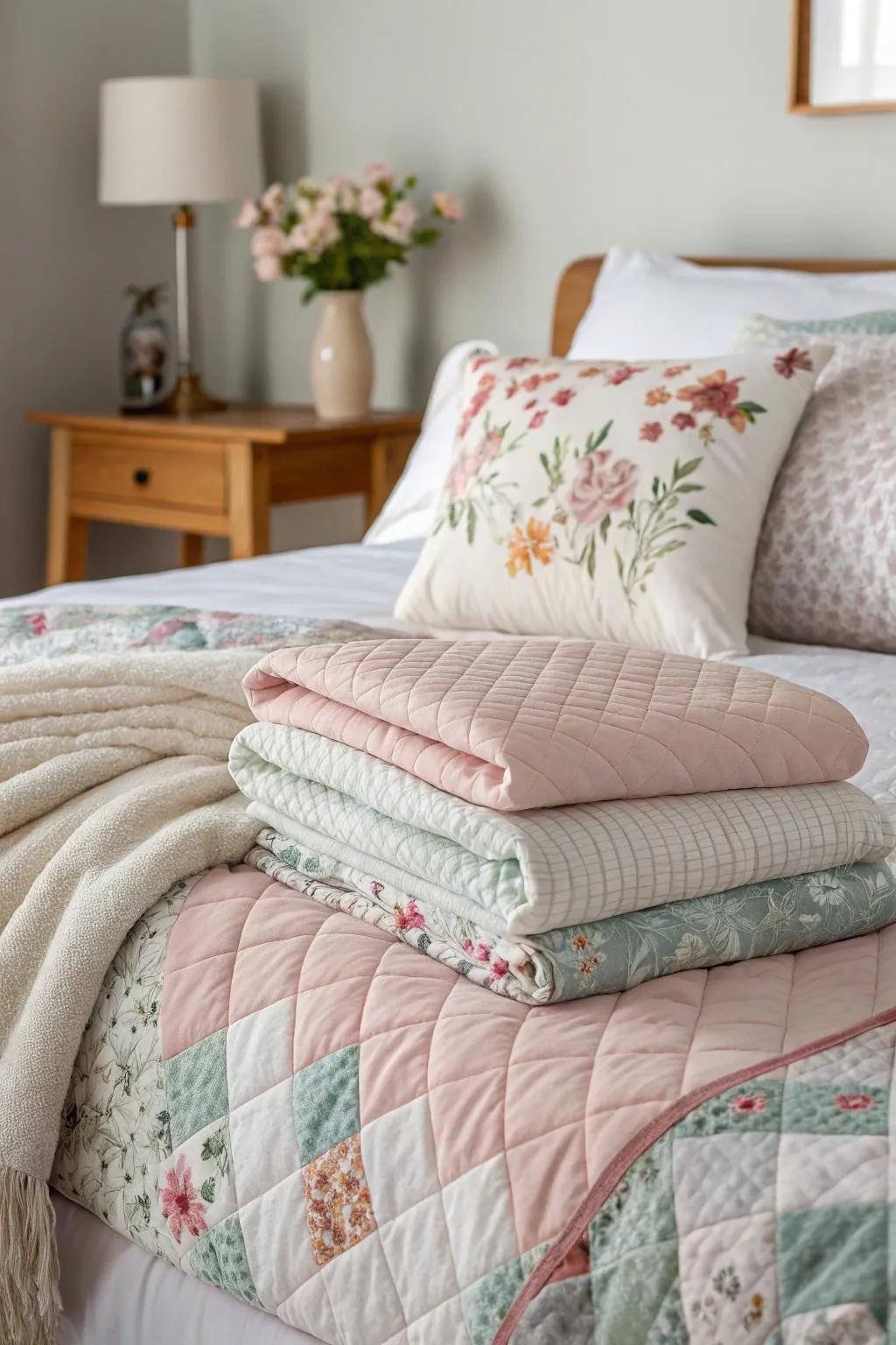 A bed embellished with layered covers and decorative throws for added comfort.