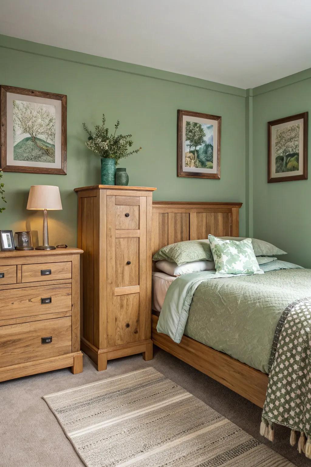 Verdant tones coupled with timber create a serene getaway.