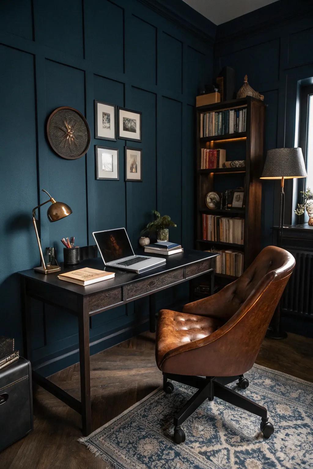 Profound shades impart dimension and refinement to this gentleman's home office.