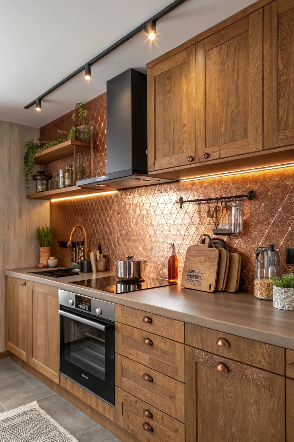 A kitchen showcasing the rich, inviting tones of a CopperGlow backsplash.