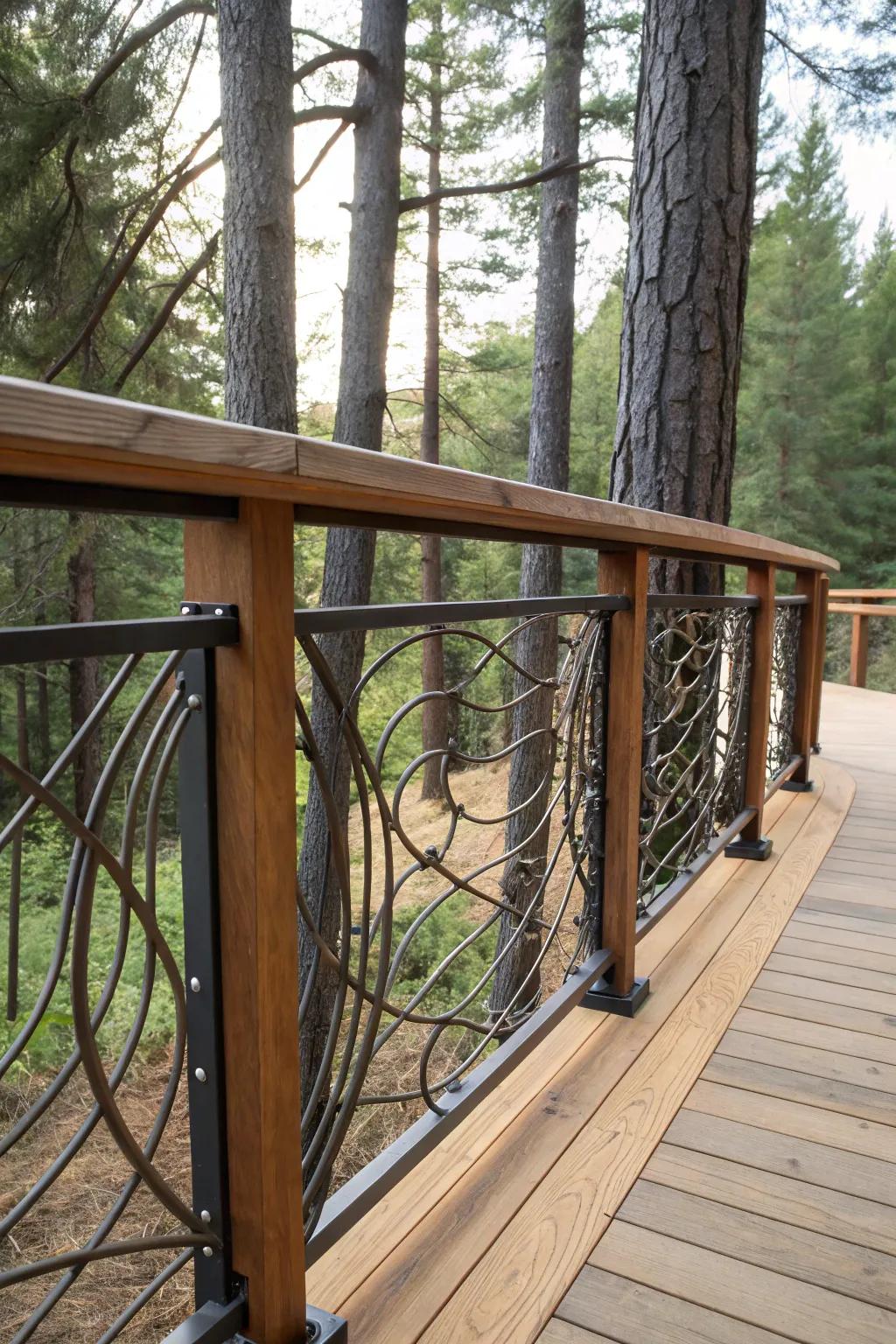 The fusion of metal and wood creates a welcoming outdoor area.