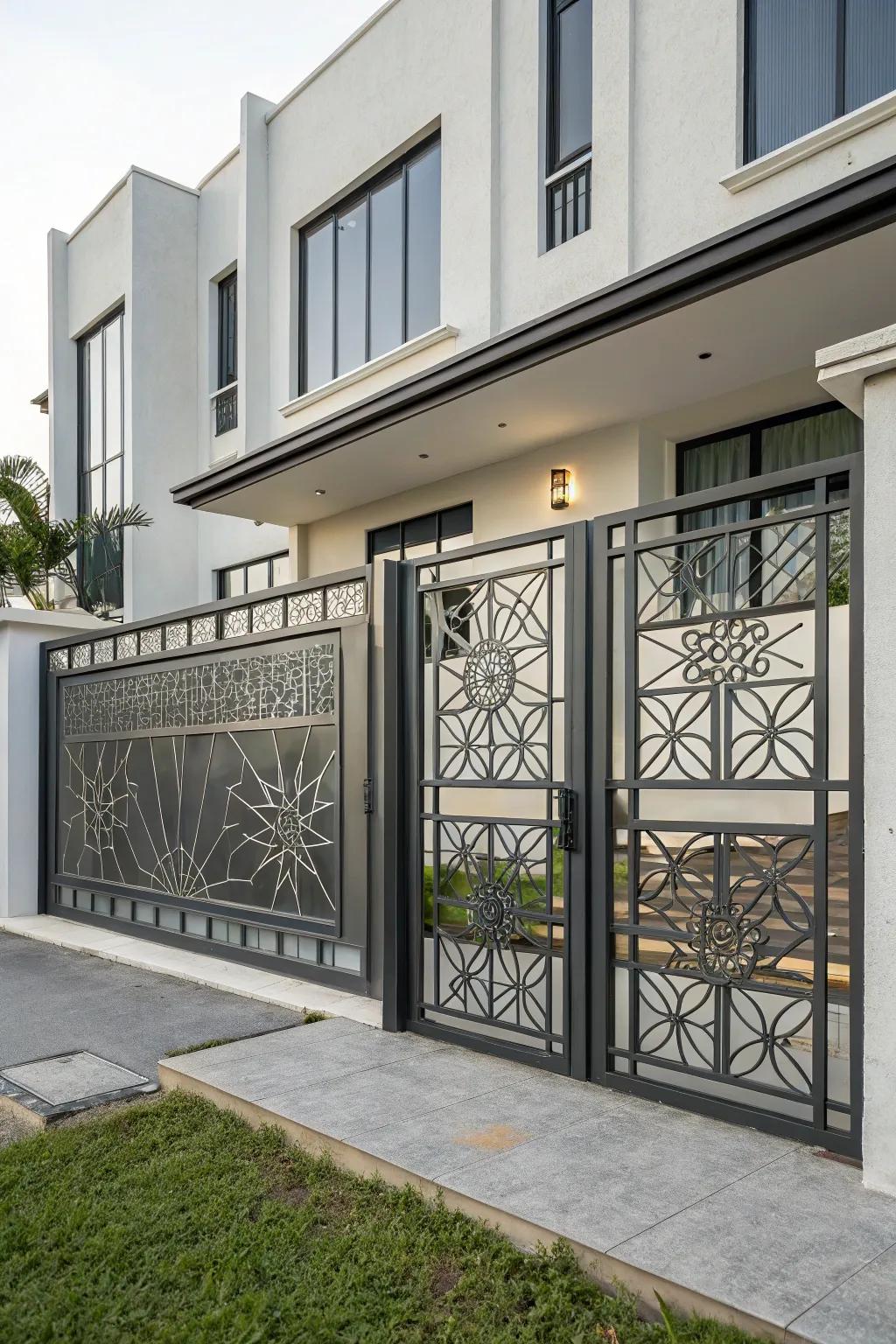 A modern geometric metal gate harmonizing flawlessly with a minimalist ambiance.