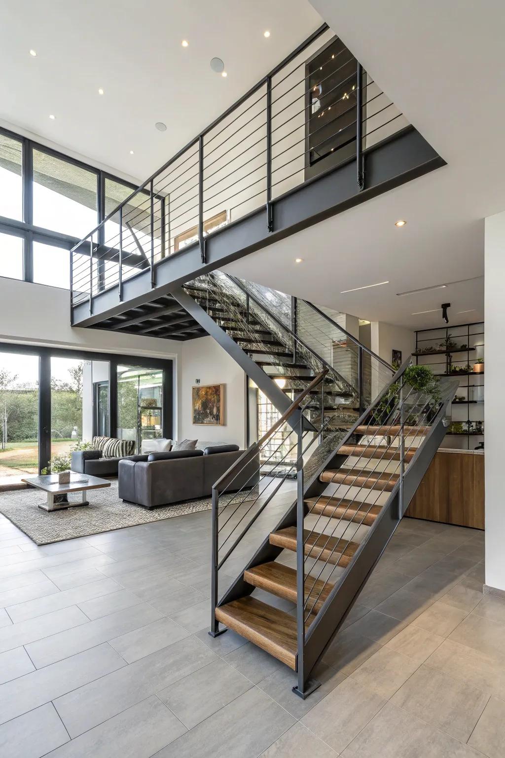 Enhance your area using a suspended metal stairway design.