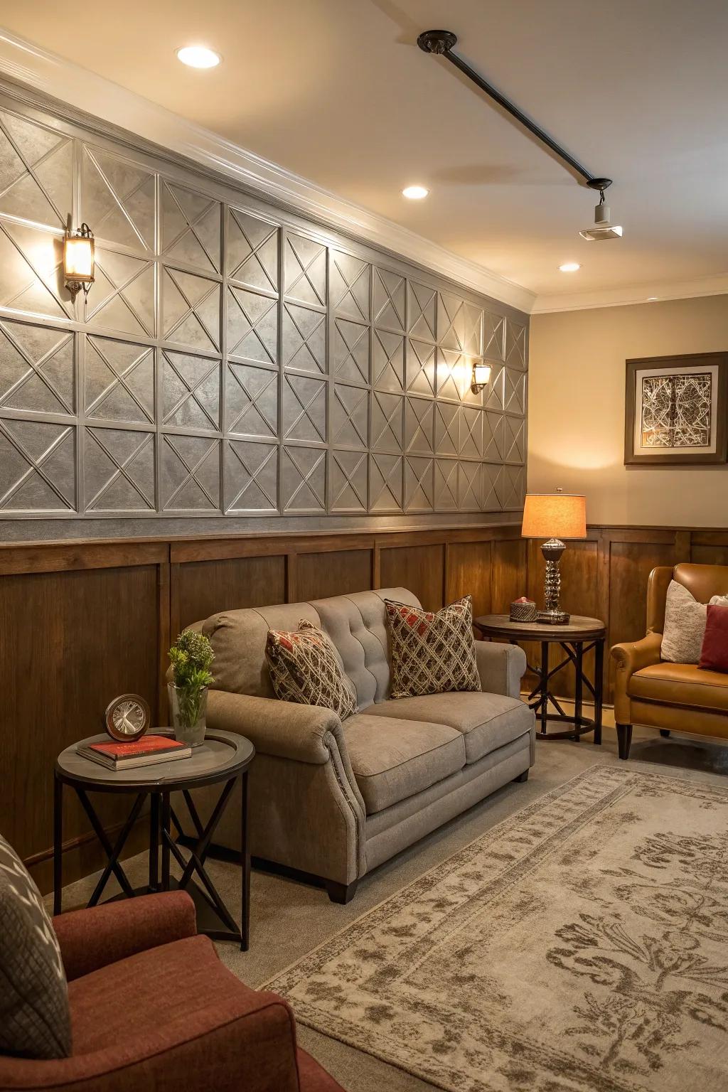 A metallic paneling accent wall introduces sophistication and enchantment.