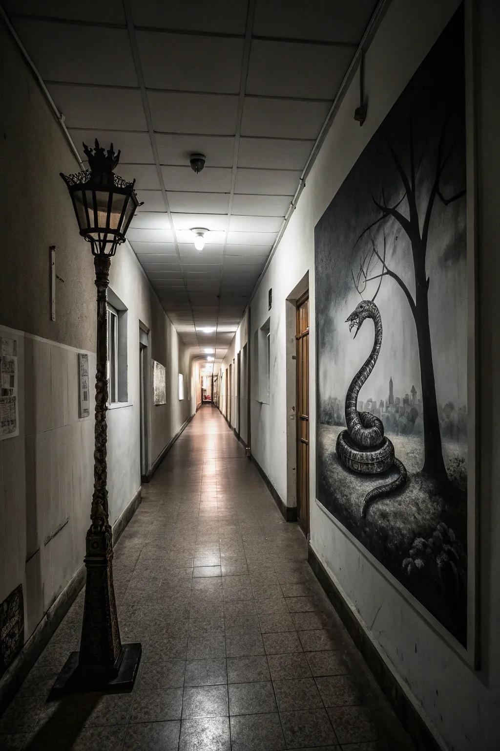 A street lamp transforms into a serpent, weaving a tale of mystery and allure.