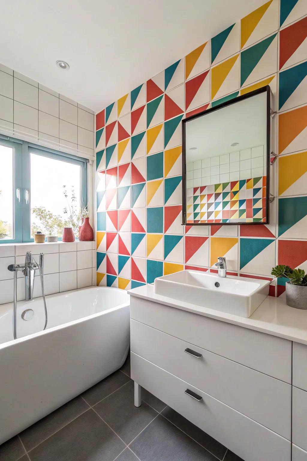Geometric tiles impart a retro elegance to this bathroom space.