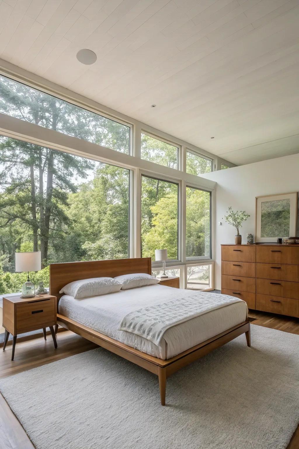 A minimalist mid-century modern bedroom displaying furniture with uncomplicated, refined outlines.