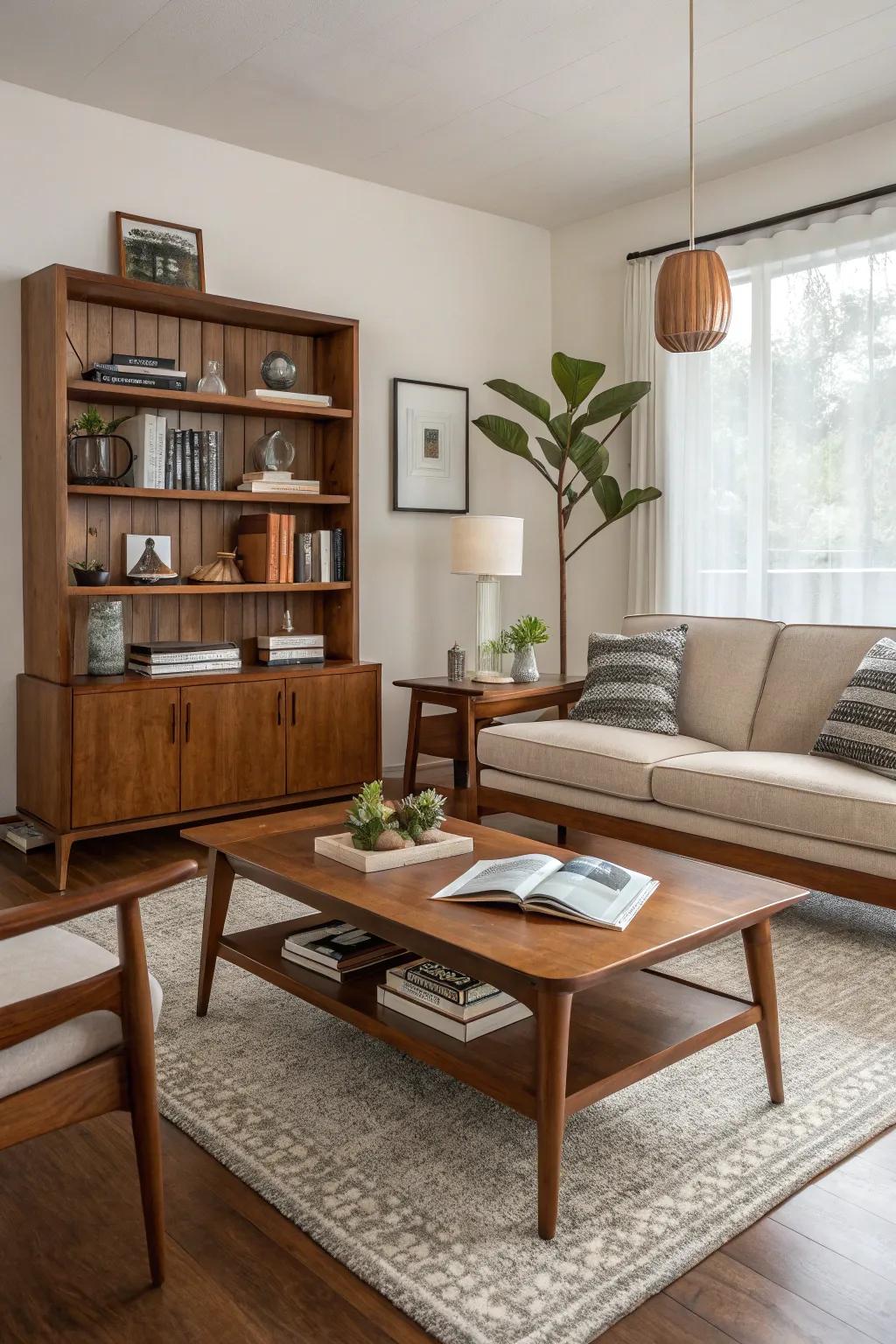 Wooden elements with crisp lines infuse warmth into a mid-century modern living space.