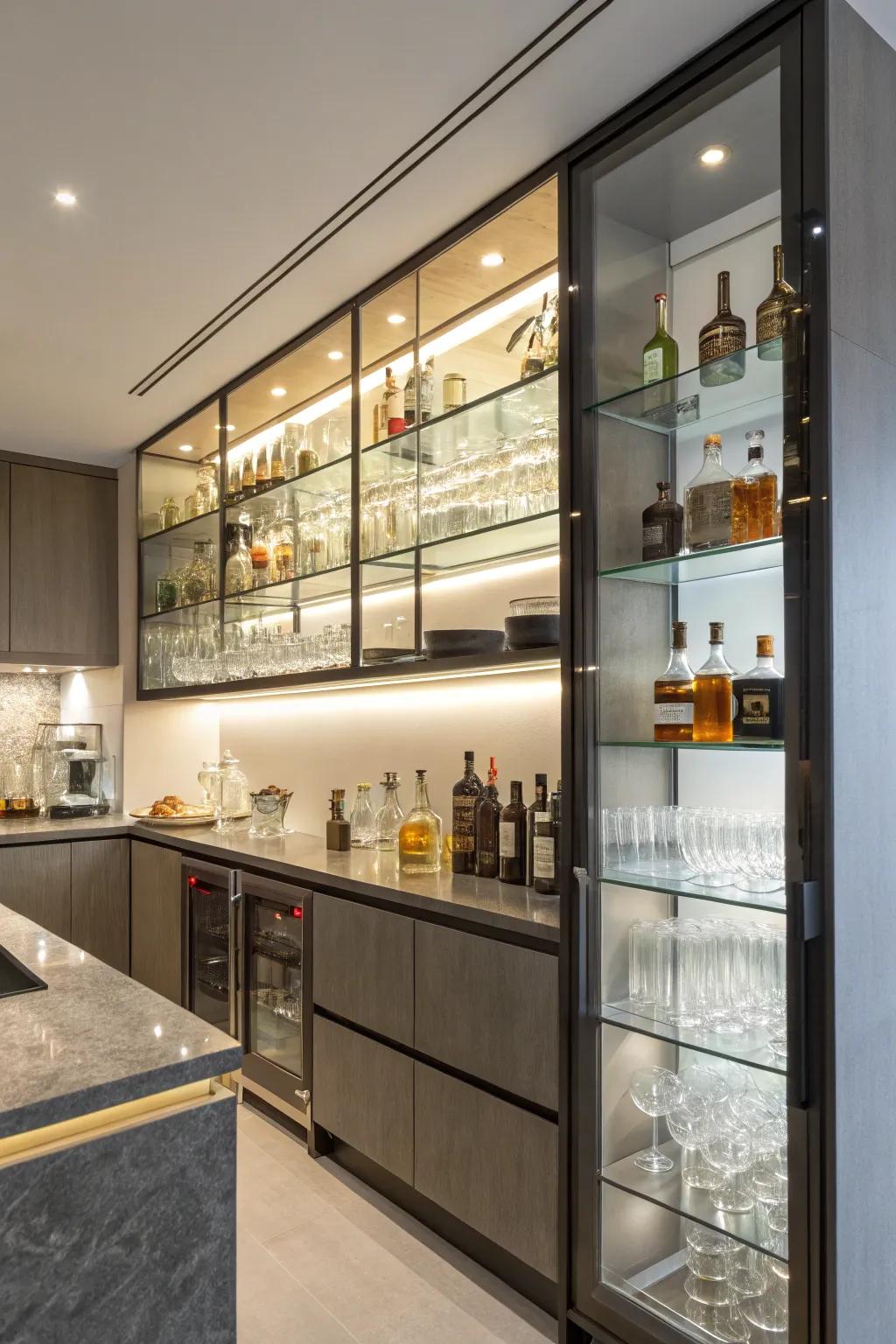 Visible shelving elegantly presents spirits and glassware, harmonizing aesthetics and functionality.