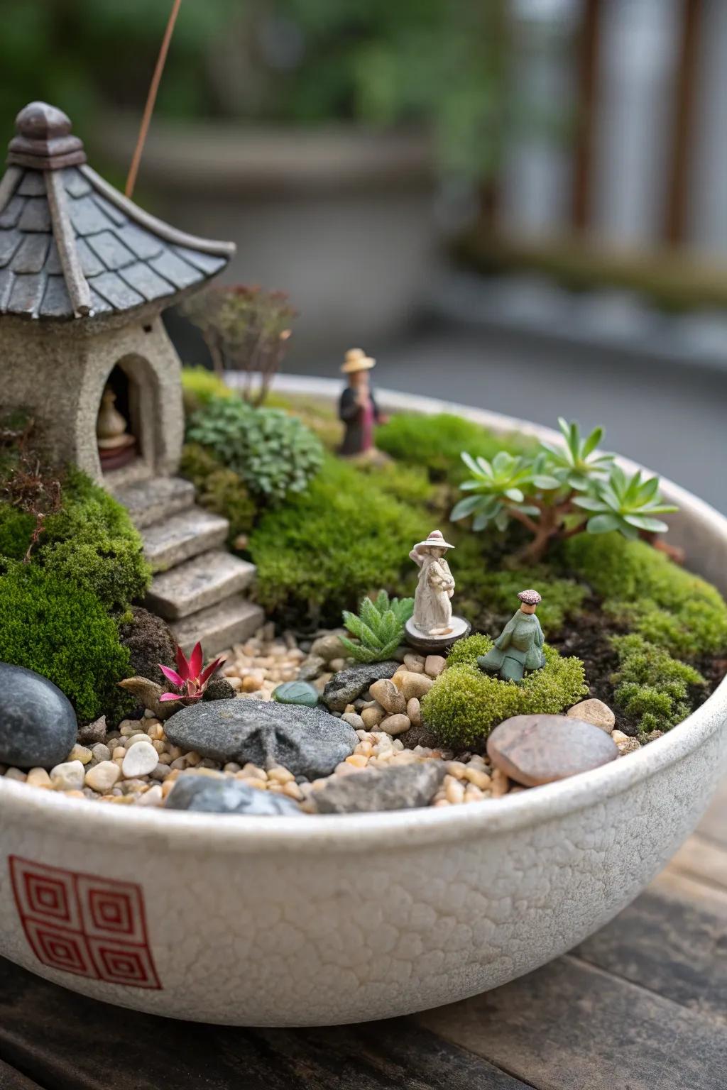 An enchanting miniature landscape is artfully arranged within a shallow dish.