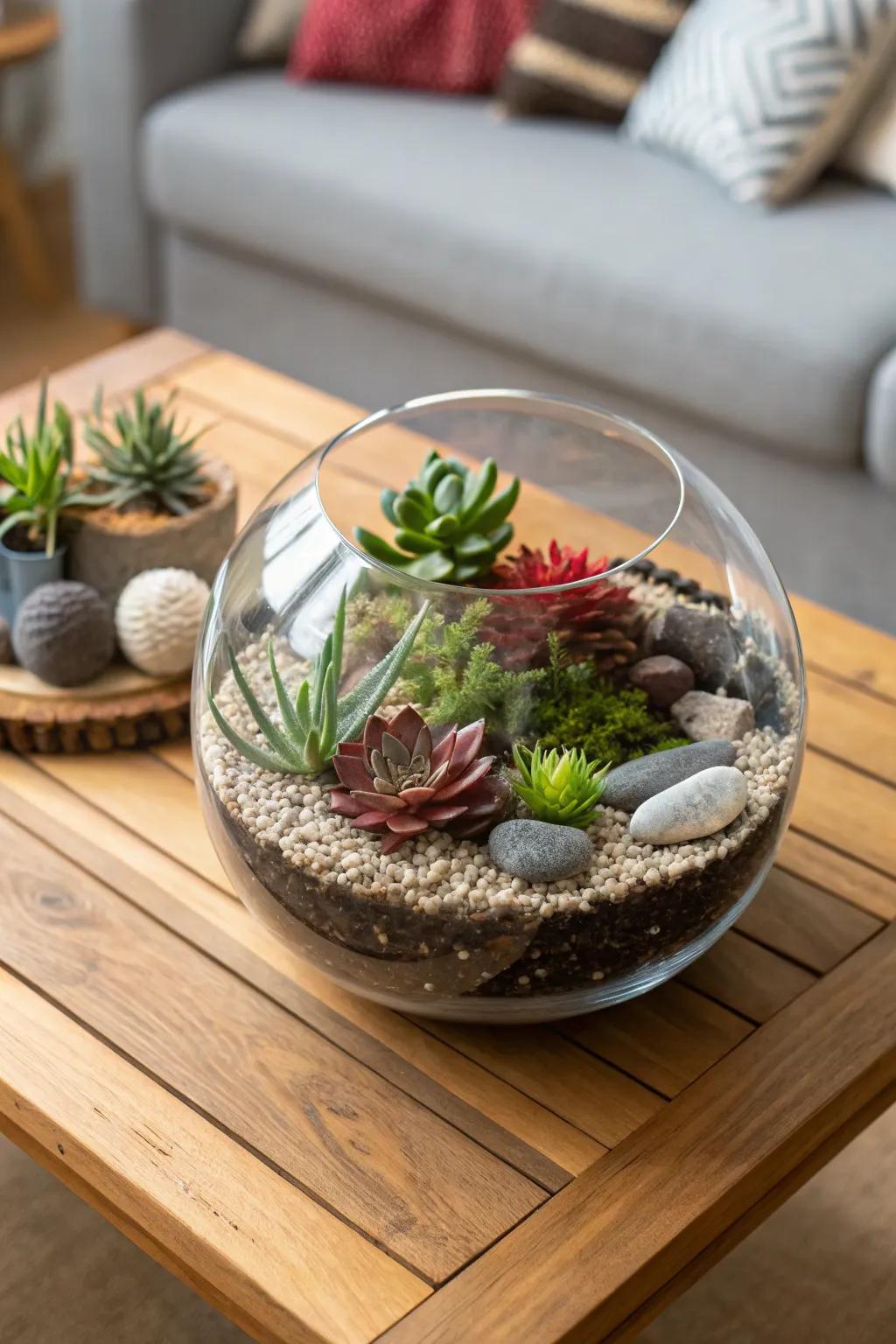 A glass garden affords a privileged glimpse into a scaled-down succulent paradise.