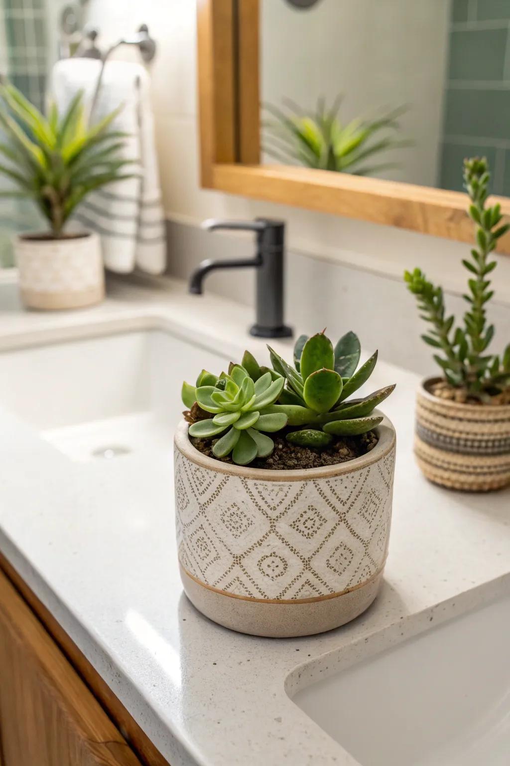 A simple resilient plant brings a revitalizing hint of nature to the bathroom décor.