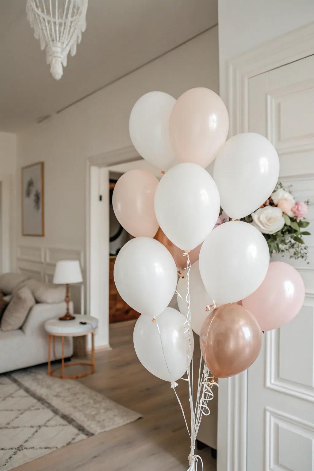 Monochromatic balloons impart elegance to any minimalist birthday scene.