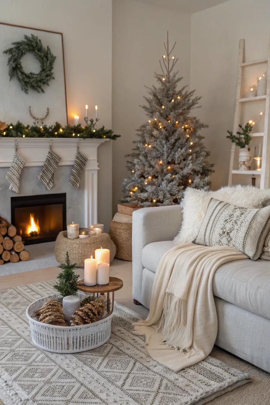 A living area showcasing a subdued color story that cultivates a soothing festive atmosphere.