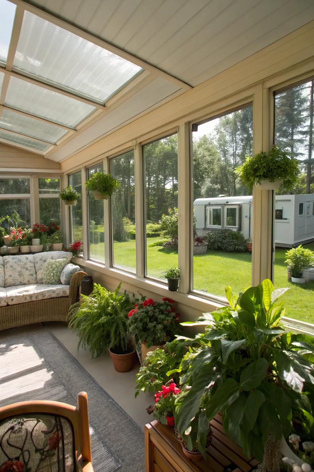 A sunlit solarium overflowing with verdant plants, presenting a serene addition to the mobile home.