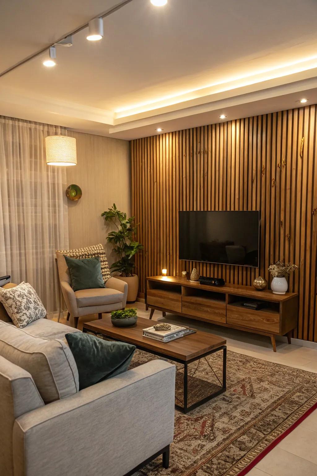 Upright wood panels impart tactile quality and warmth to the TV section.